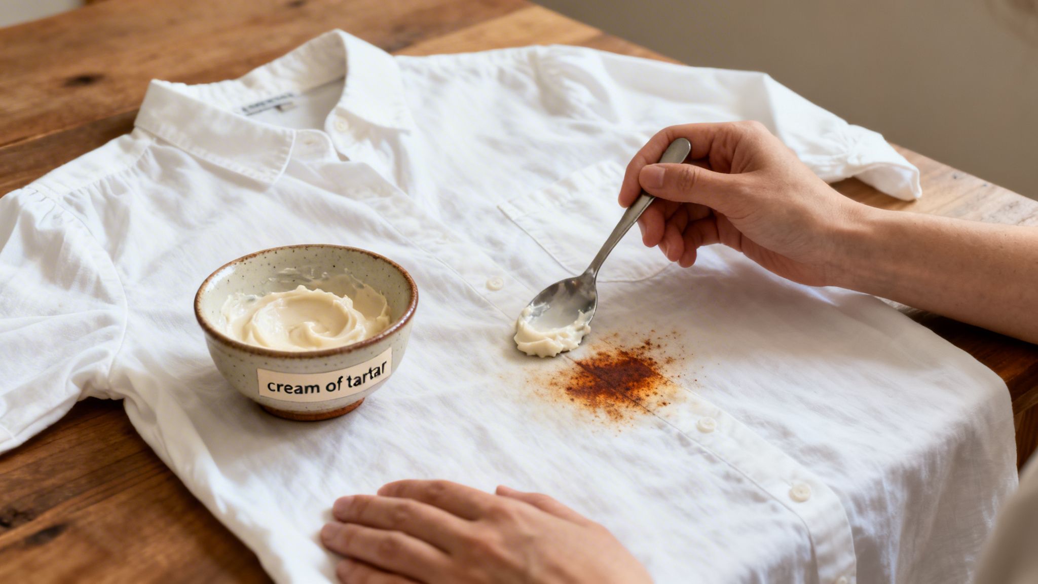 A person is applying a cream of tartar paste with a spoon to a rust stain on a white shirt.