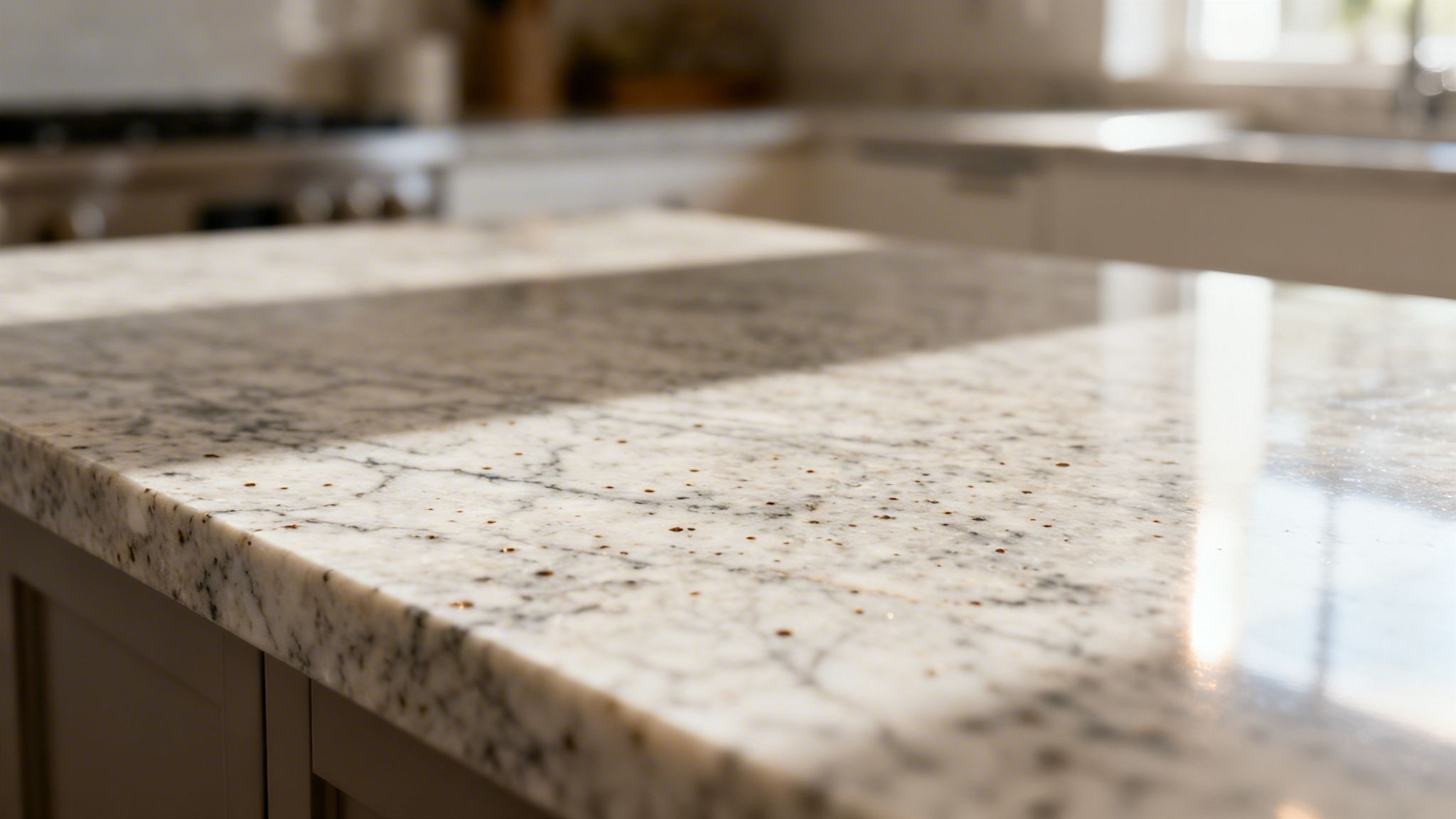 Close-up of a polished light-colored granite kitchen countertop with natural light stripes.