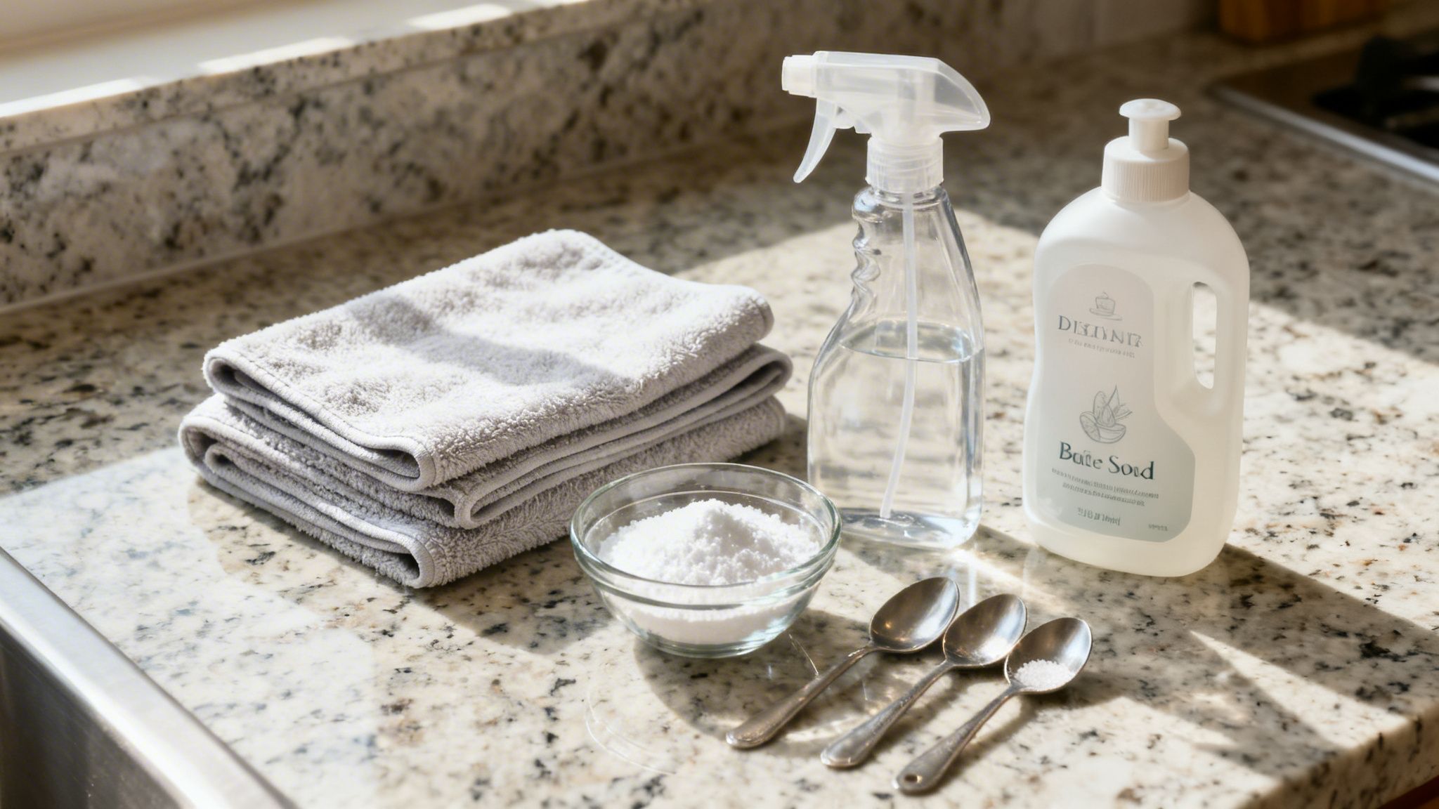 DIY cleaning supplies, including baking soda, spray bottle, soap, and towels, on a granite countertop.