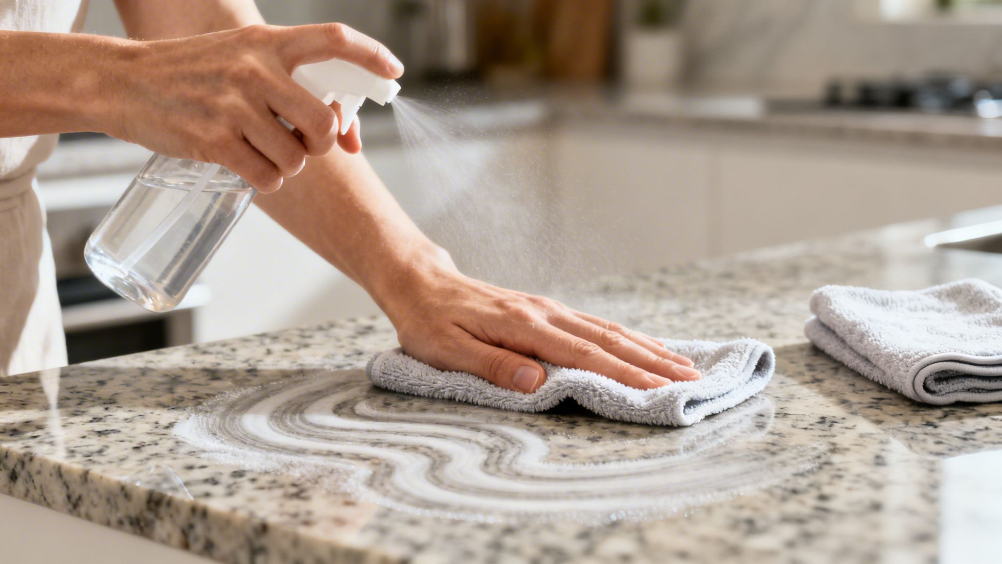 Person cleaning a granite kitchen countertop with a spray bottle and a microfiber cloth.