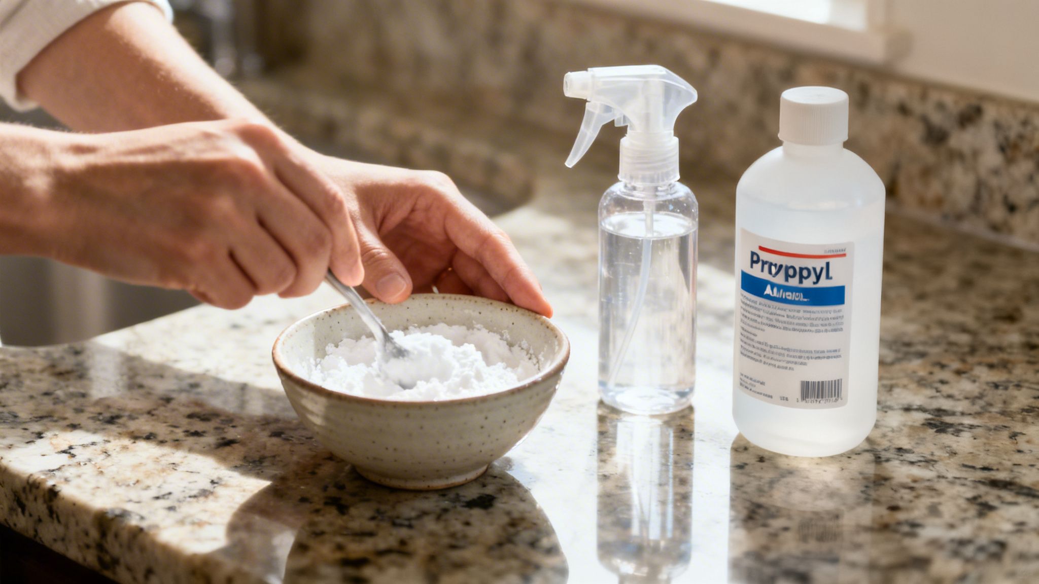 Hands mixing white powder in a bowl next to a spray bottle and alcohol, making a DIY cleaner.