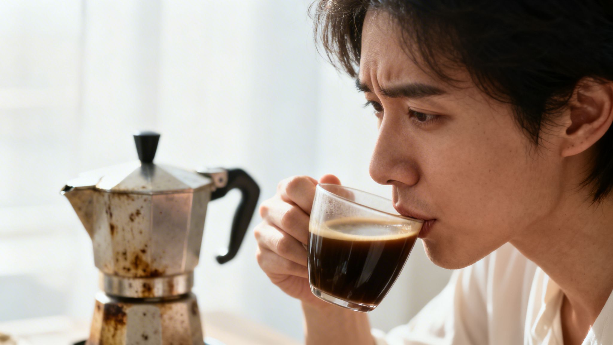 A focused young man drinks a cup of freshly brewed dark coffee from a moka pot.