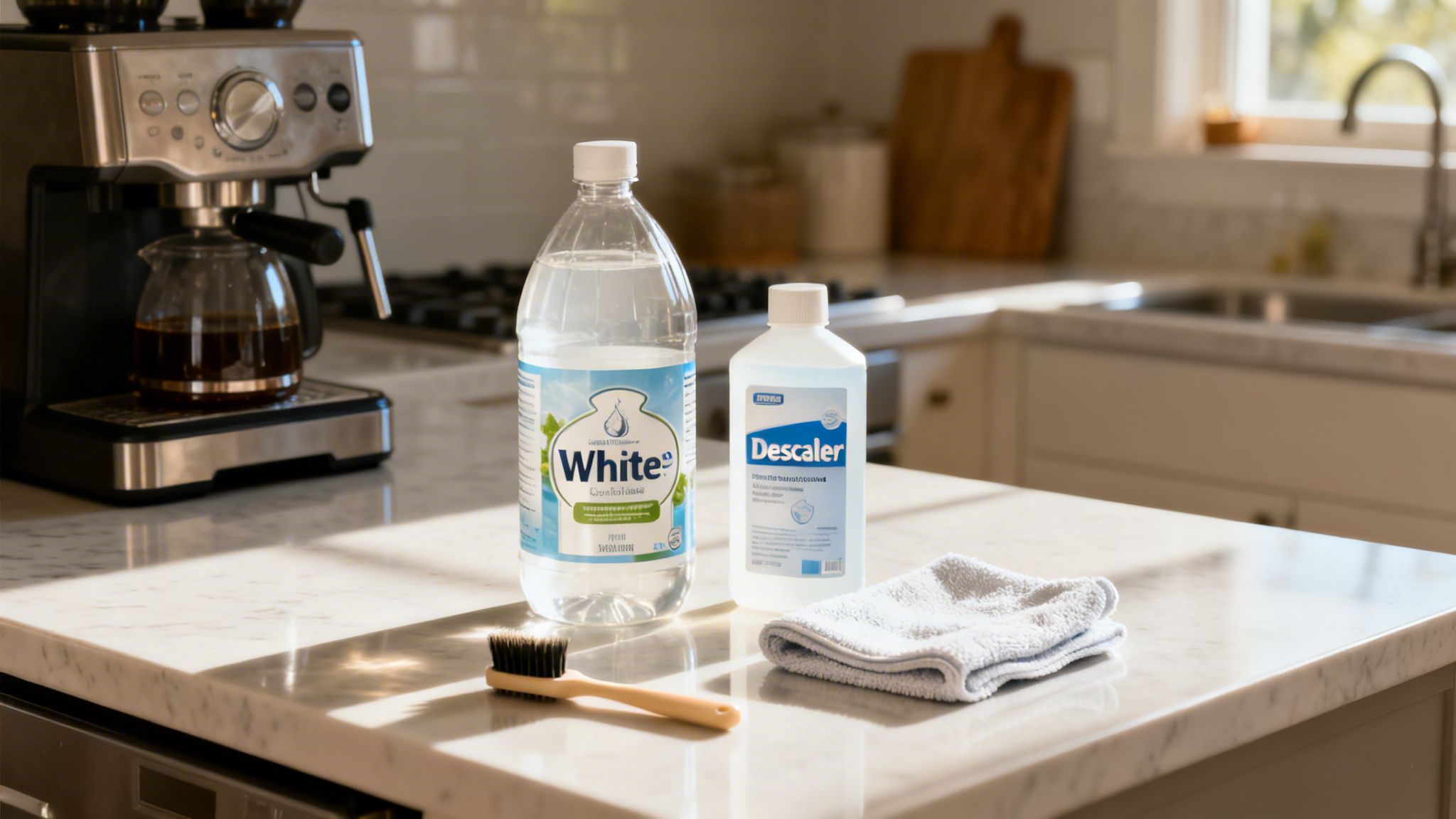 Cleaning supplies including descaler, white vinegar, a scrub brush, and a cloth next to a coffee machine.
