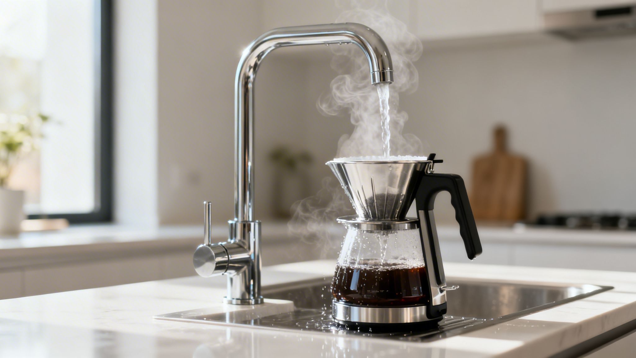 A steaming metal coffee maker being filled with hot water from a modern kitchen sink faucet.