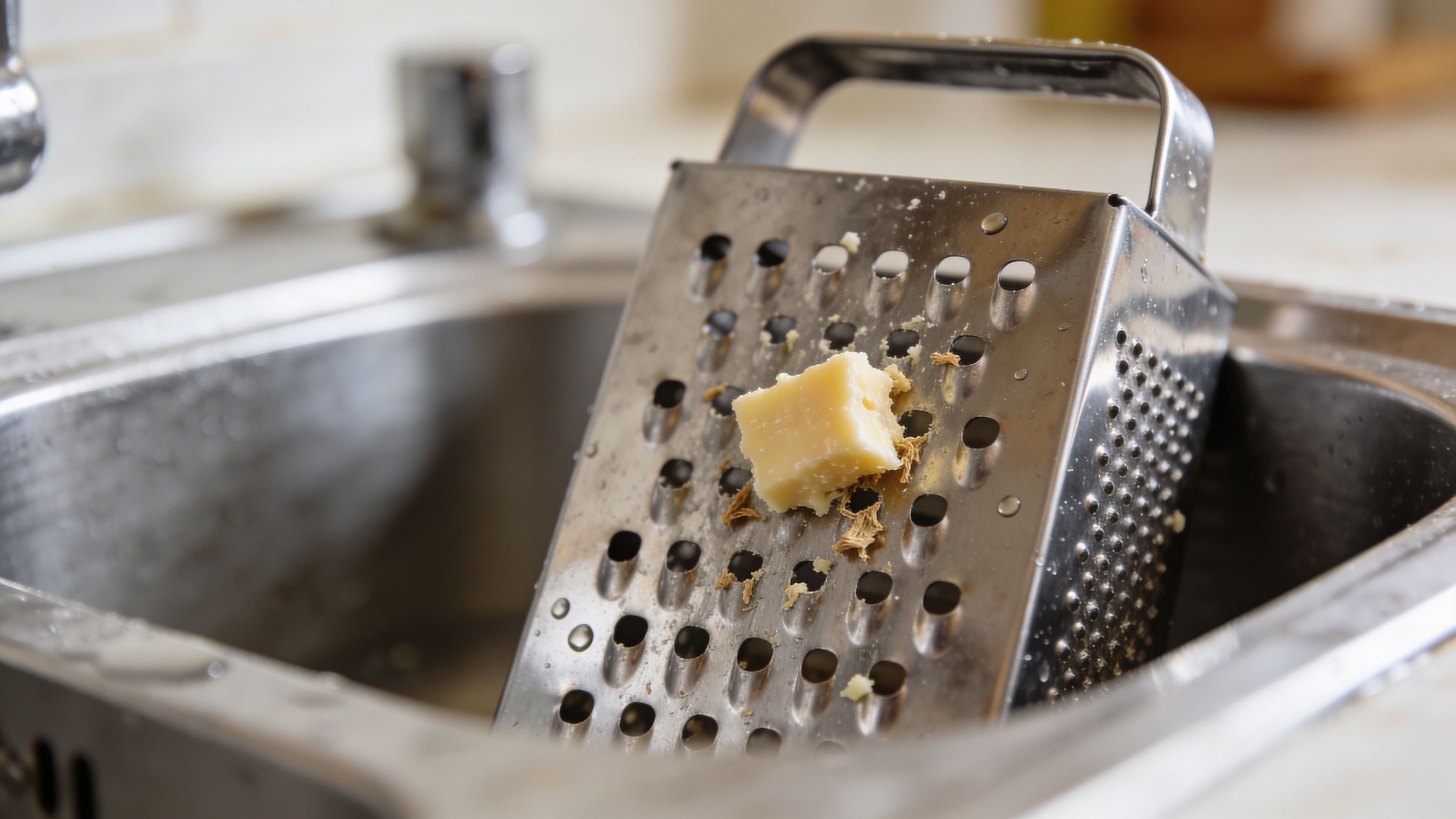 A stainless steel box grater with a piece of cheese sitting in a kitchen sink.