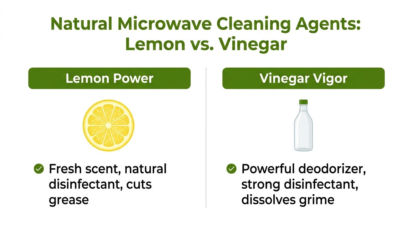 A comparison infographic showing lemon and vinegar as natural microwave cleaning agents with their cleaning benefits listed.