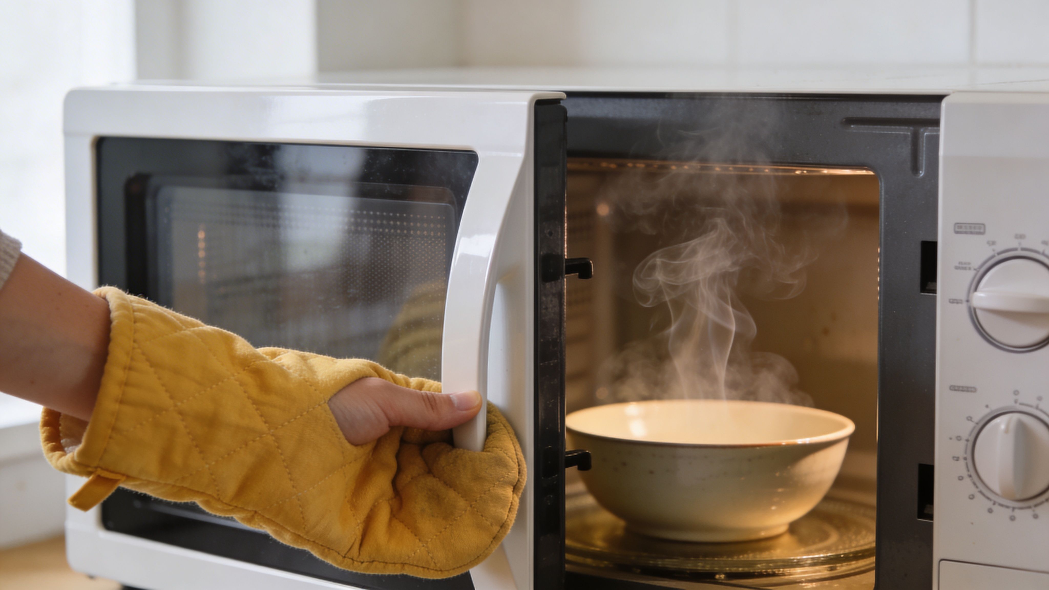 A hand wearing a yellow oven mitt opens a white microwave with steaming hot food inside.