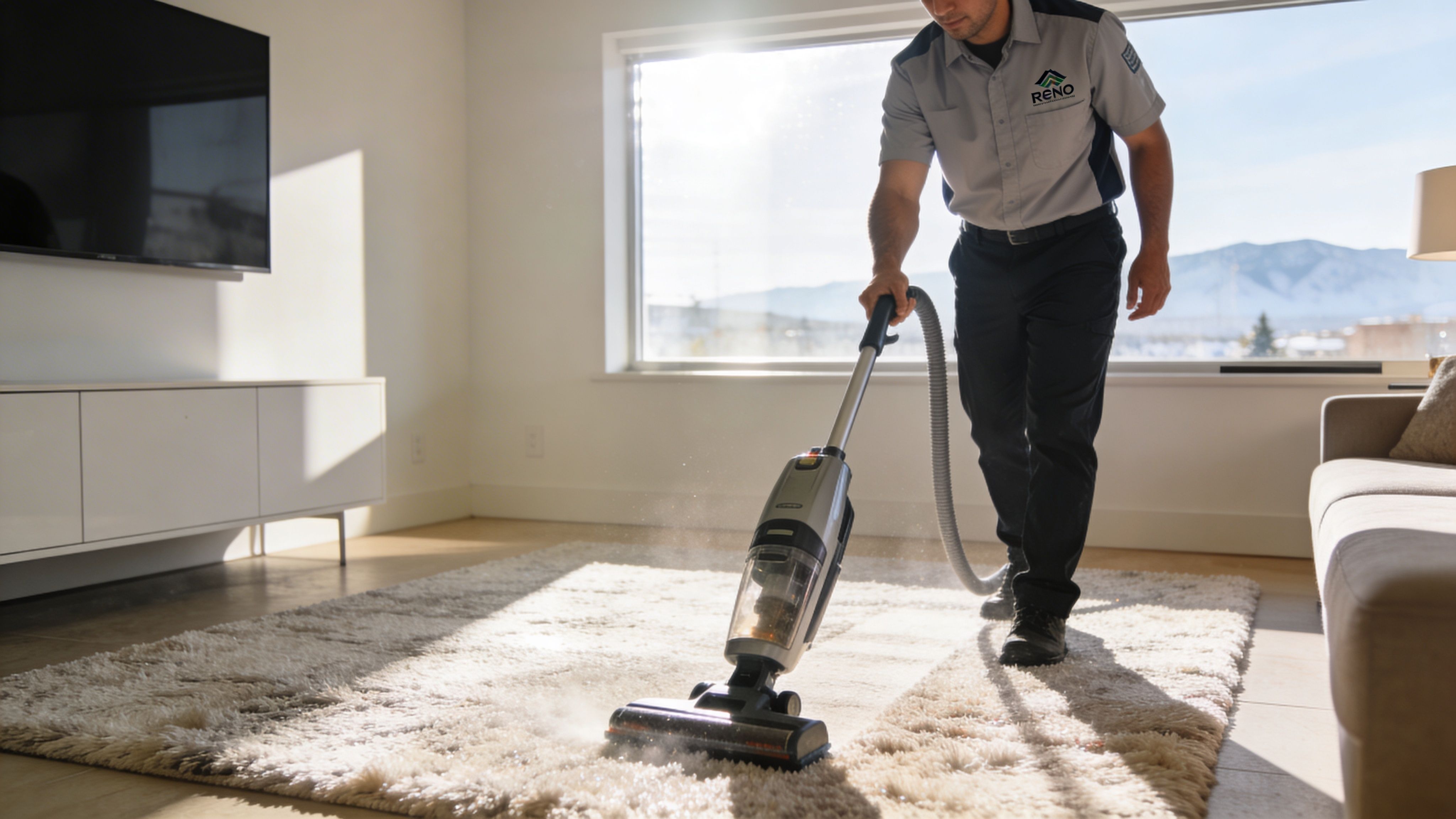 A professional cleaner uses a steam vacuum to deep clean a fluffy white rug in a living room.