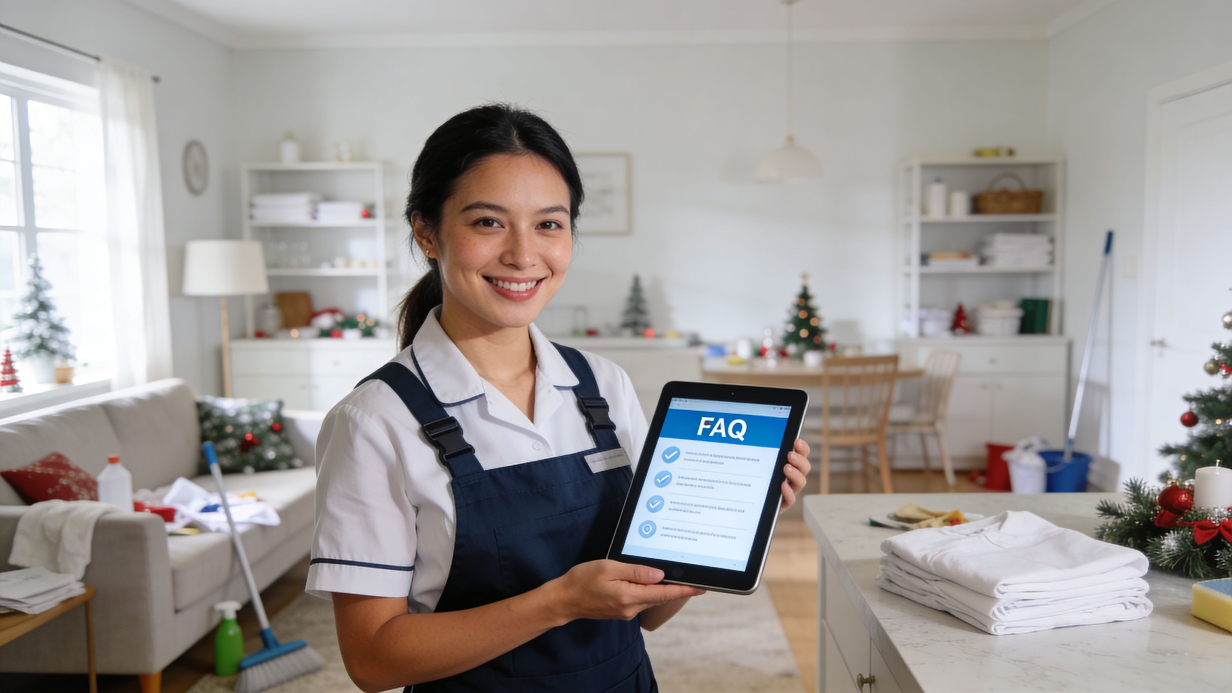 A professional cleaner smiles while holding a tablet displaying FAQ information in a room with Christmas decorations.