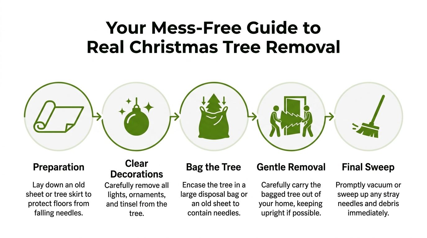 An infographic showing five easy steps for the clean and mess-free removal of a real Christmas tree.