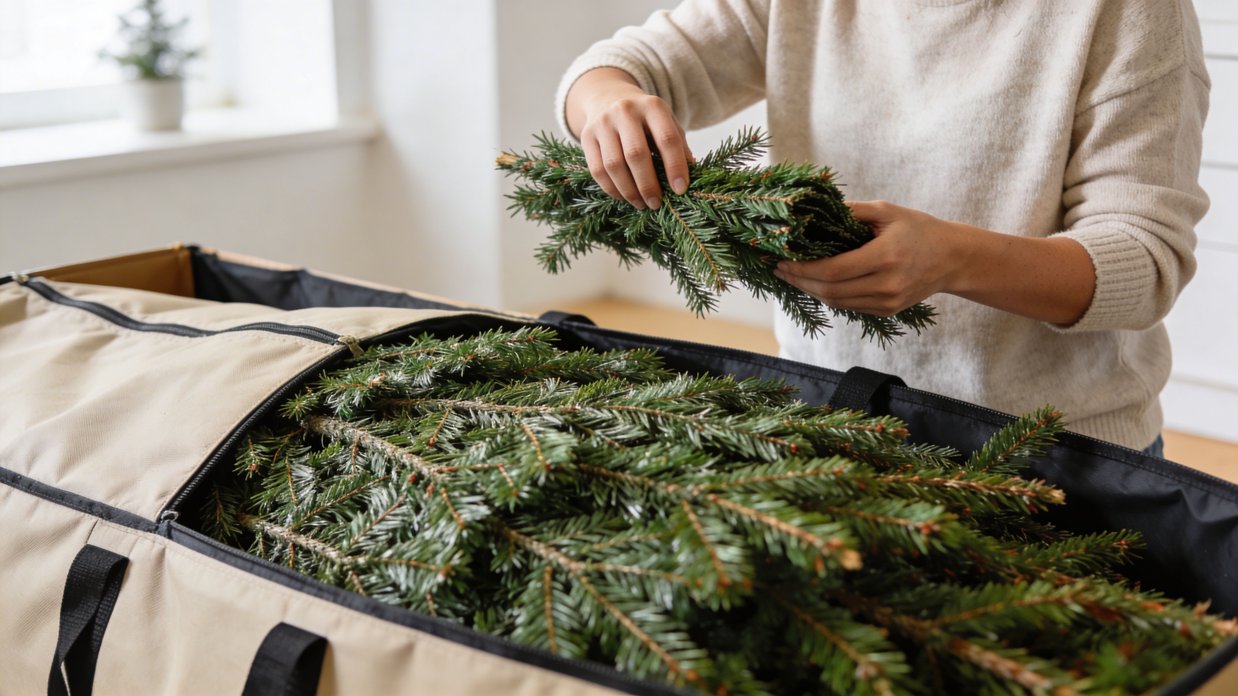 A person in a sweater placing artificial Christmas tree branches into a beige storage bag for seasonal storage.