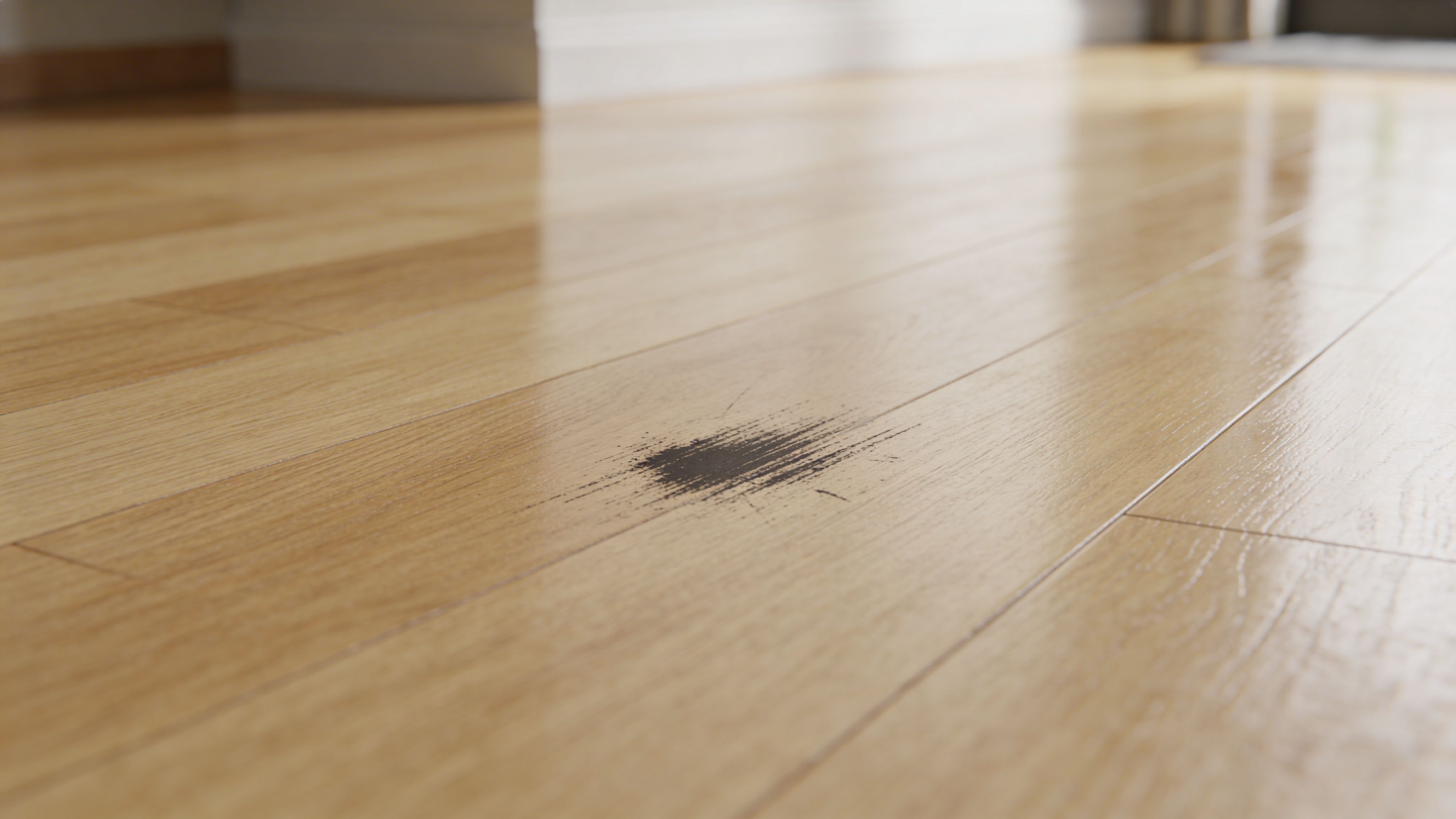 A close up view of a dark scuff mark on light brown hardwood floor planks in a room.