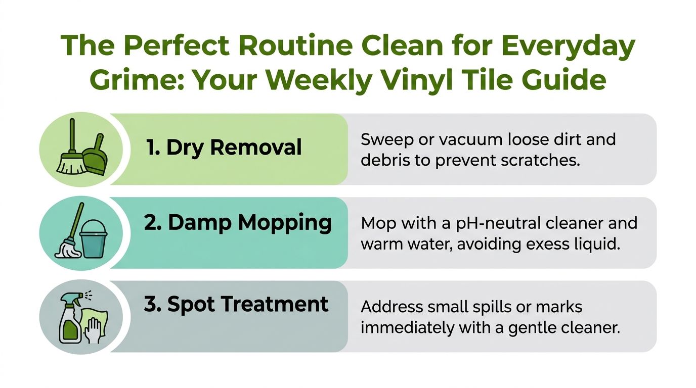 An infographic titled The Perfect Routine Clean for Everyday Grime outlining three steps to clean vinyl tiles.