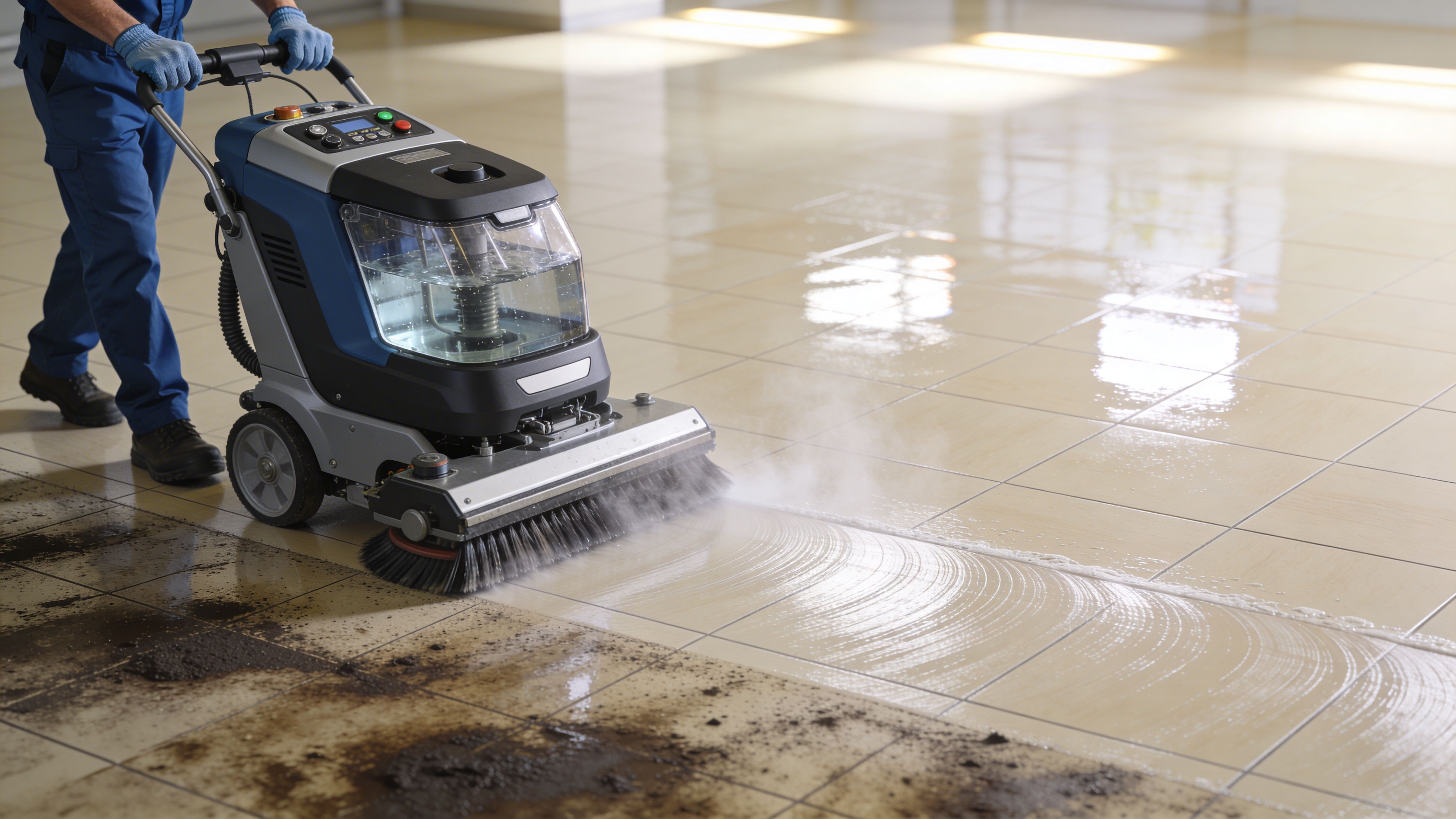 A professional cleaner uses a heavy-duty industrial floor scrubbing machine to clean dirty light-colored vinyl tiles.