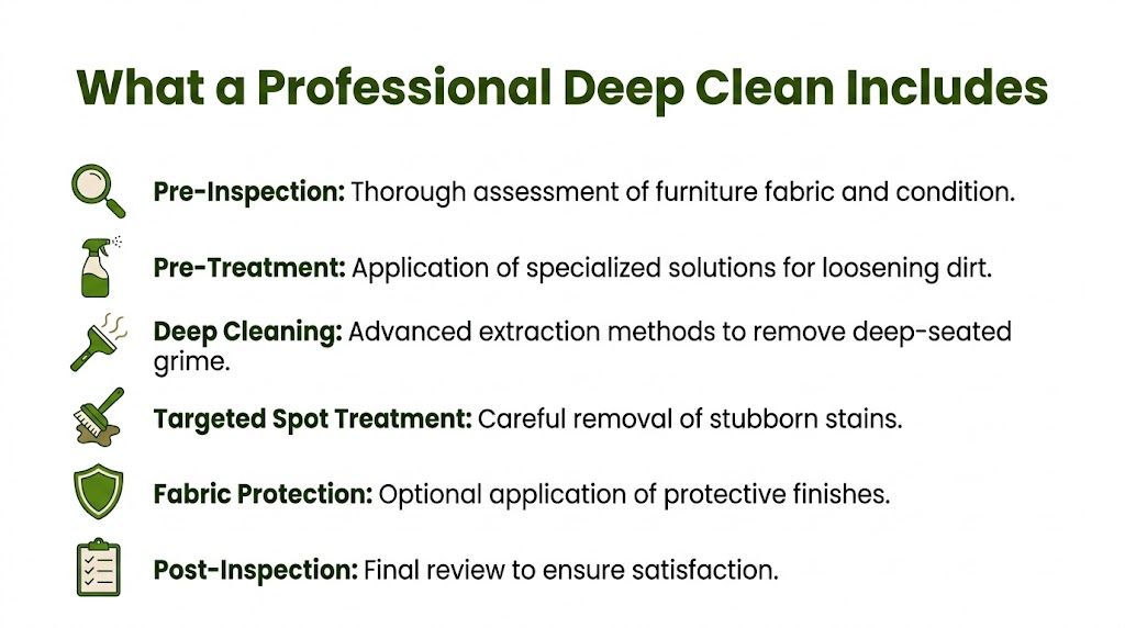A list describing the six steps included in a professional deep cleaning process for furniture fabrics.