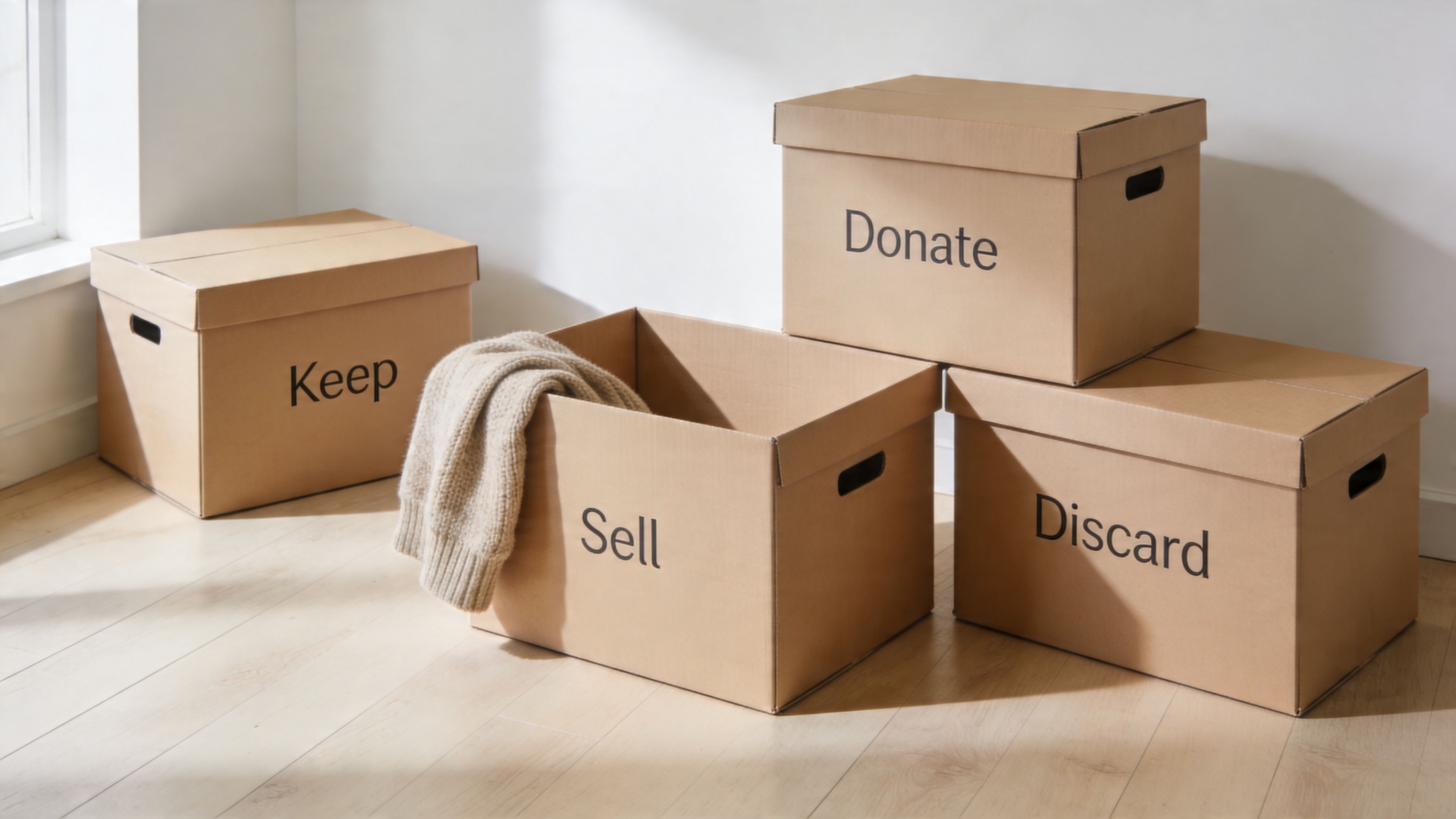Four brown cardboard boxes labeled Keep, Sell, Donate, and Discard sitting on a wooden floor.