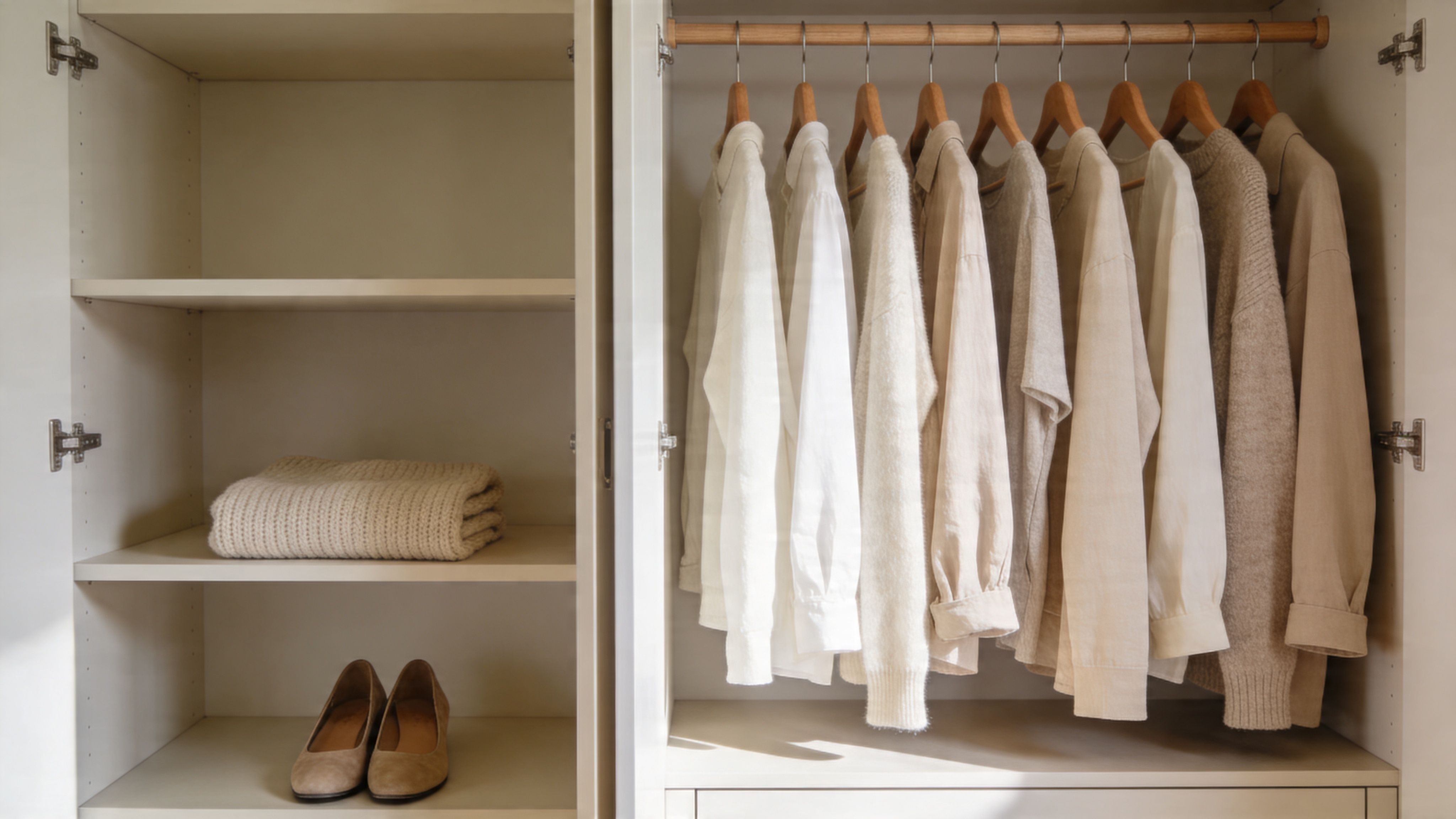 An organized white wooden closet featuring hanging neutral colored clothing and folded sweaters on shelves.