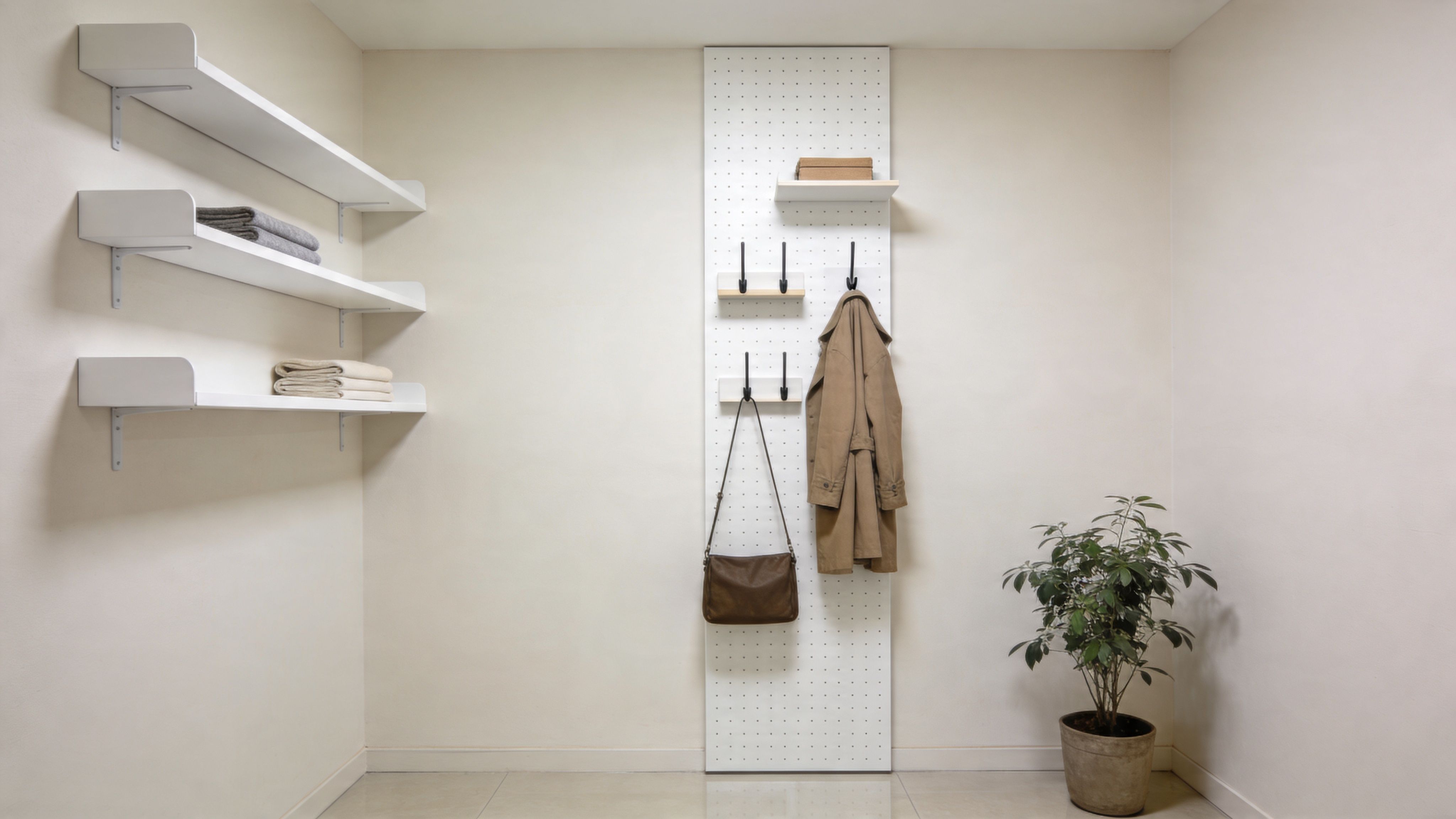 A modern minimalist hallway featuring white wall shelves and a pegboard storage unit with coats and accessories.