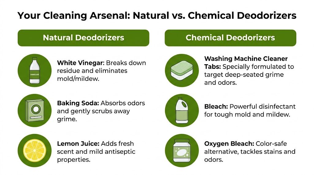 A comparison chart listing natural and chemical cleaning agents for deodorizing appliances and surfaces.