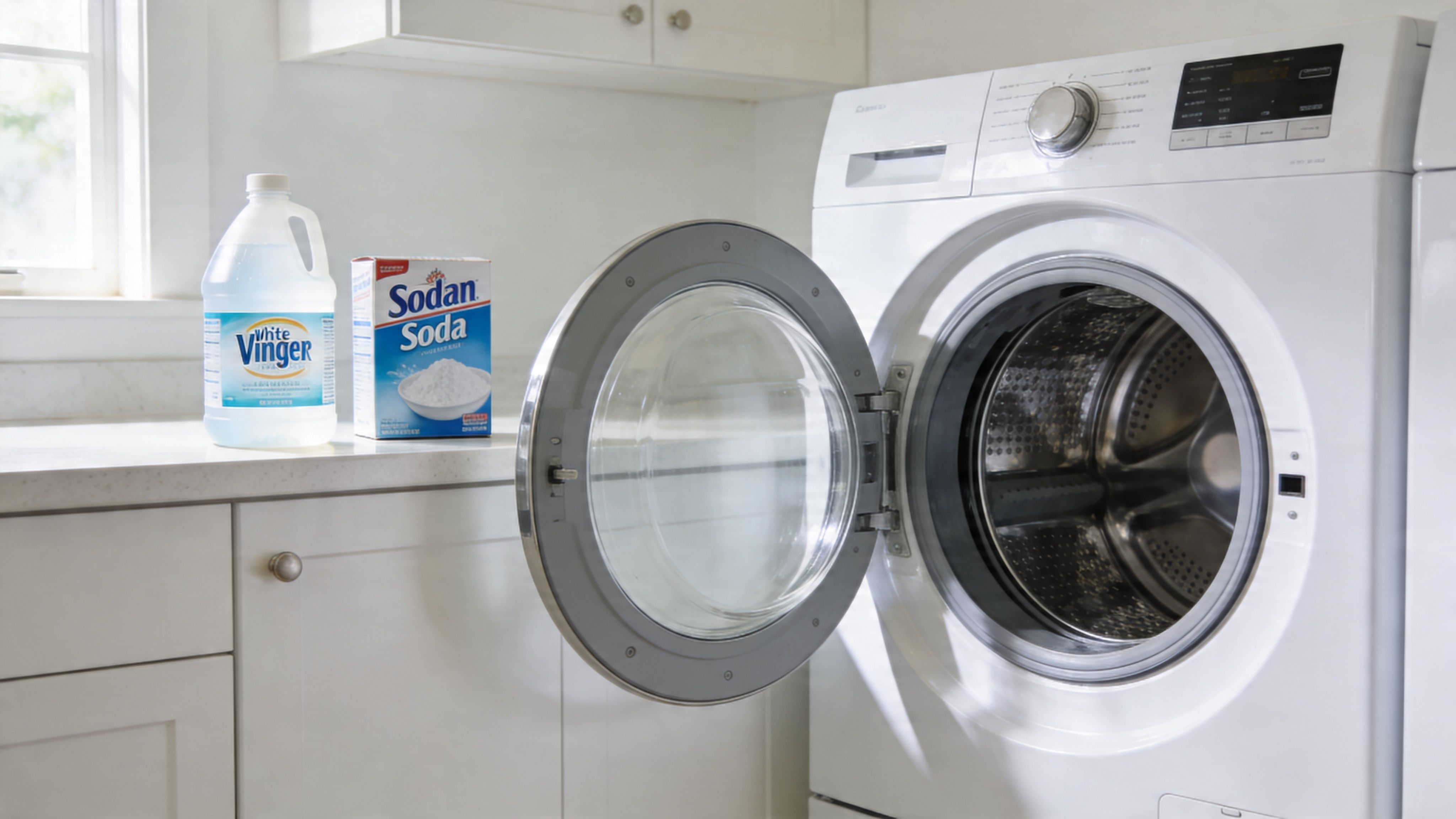 A washing machine with its door open next to cleaning supplies including white vinegar and soda.