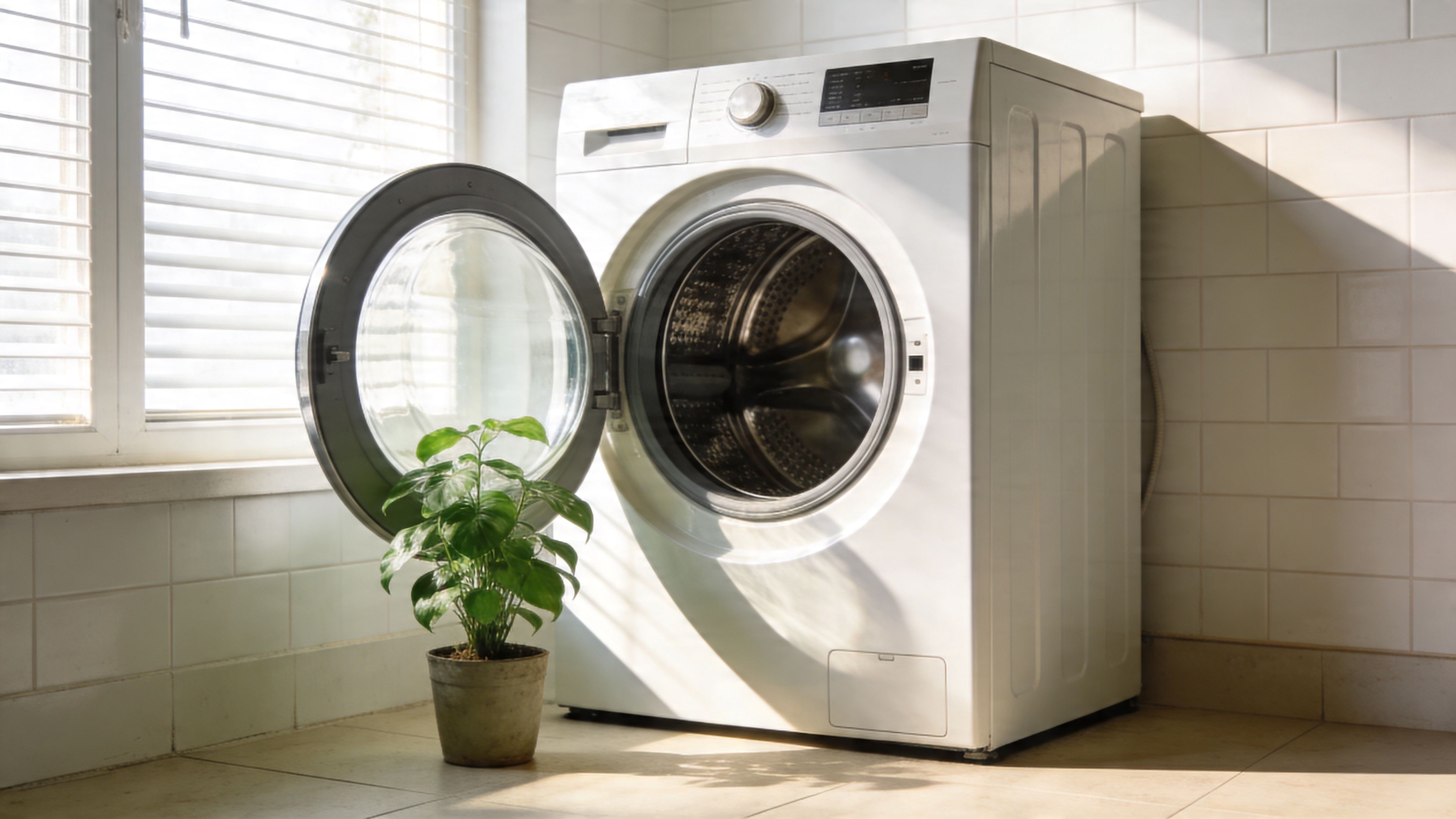 A clean white washing machine with an open door next to a small green plant in sunlight.