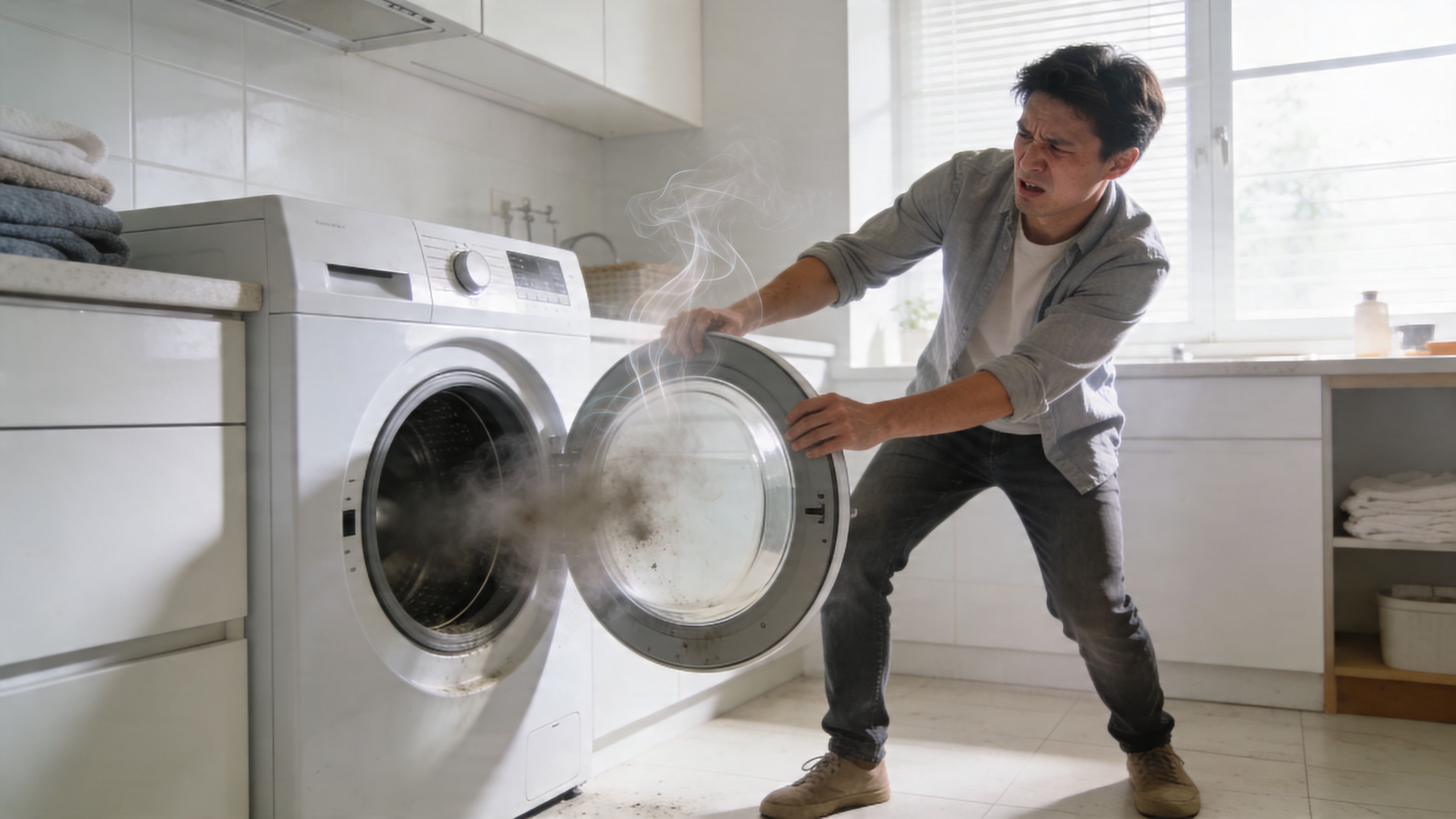 A concerned young man opening the door of his smoking washing machine in his kitchen.