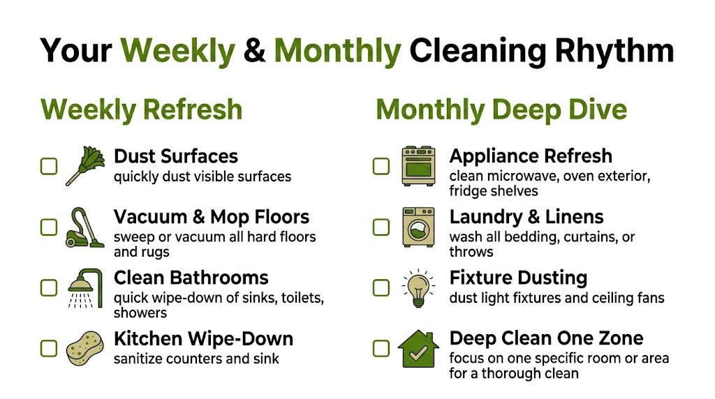 A cleaning checklist infographic with weekly refresh tasks and monthly deep dive chores for maintaining a home.
