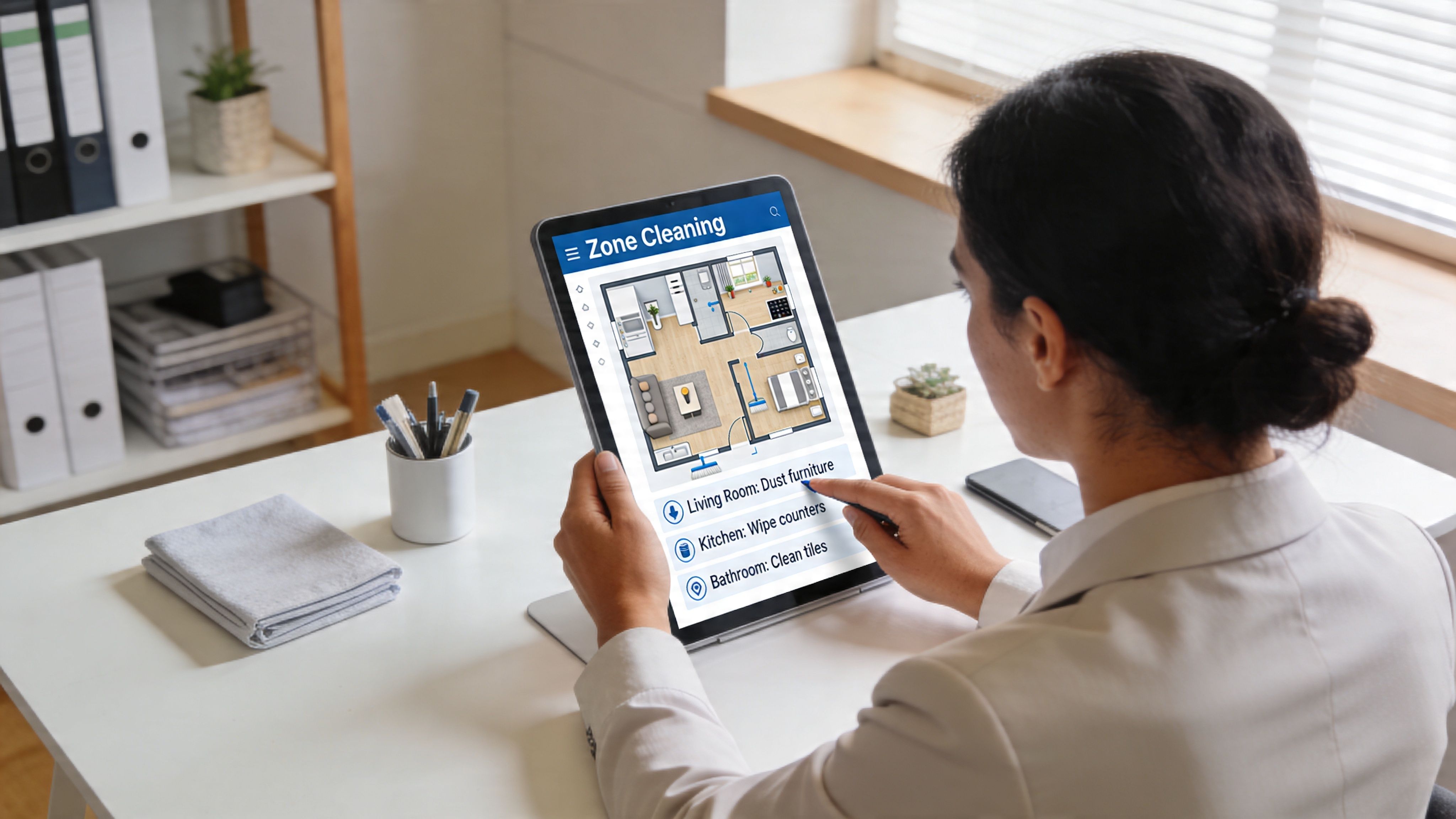 A woman using a tablet to plan zone cleaning tasks for her home in a modern office.
