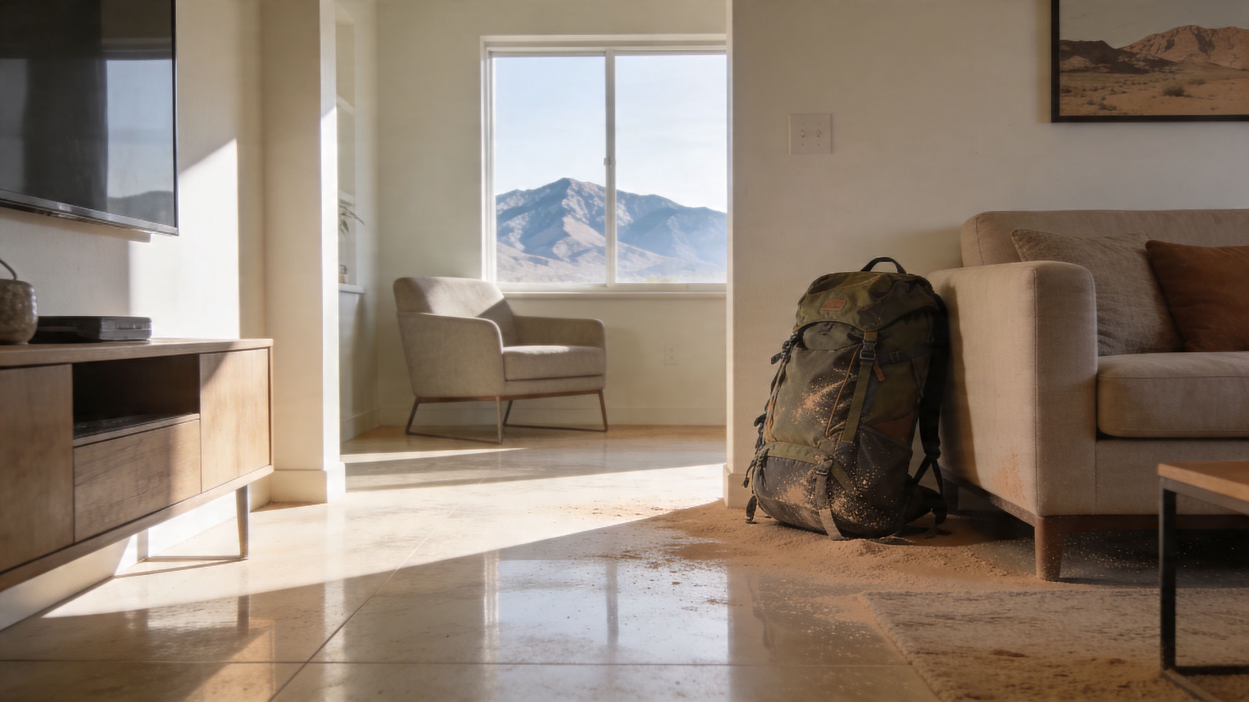 A dirty, sand-covered backpack sits on the floor of a sunny living room near a beige couch.