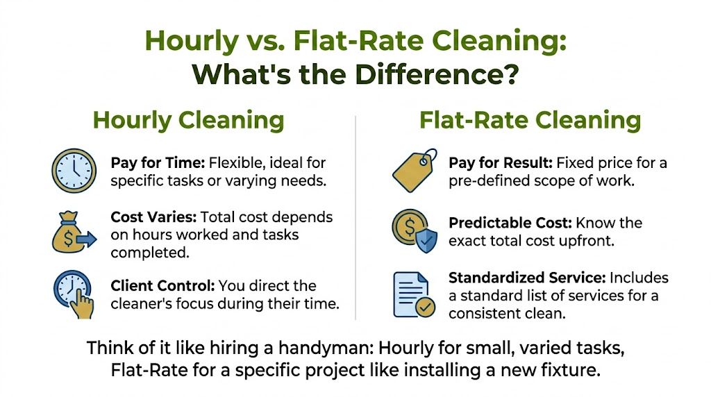 A comparison infographic between hourly and flat-rate cleaning services highlighting key differences in pricing and control.