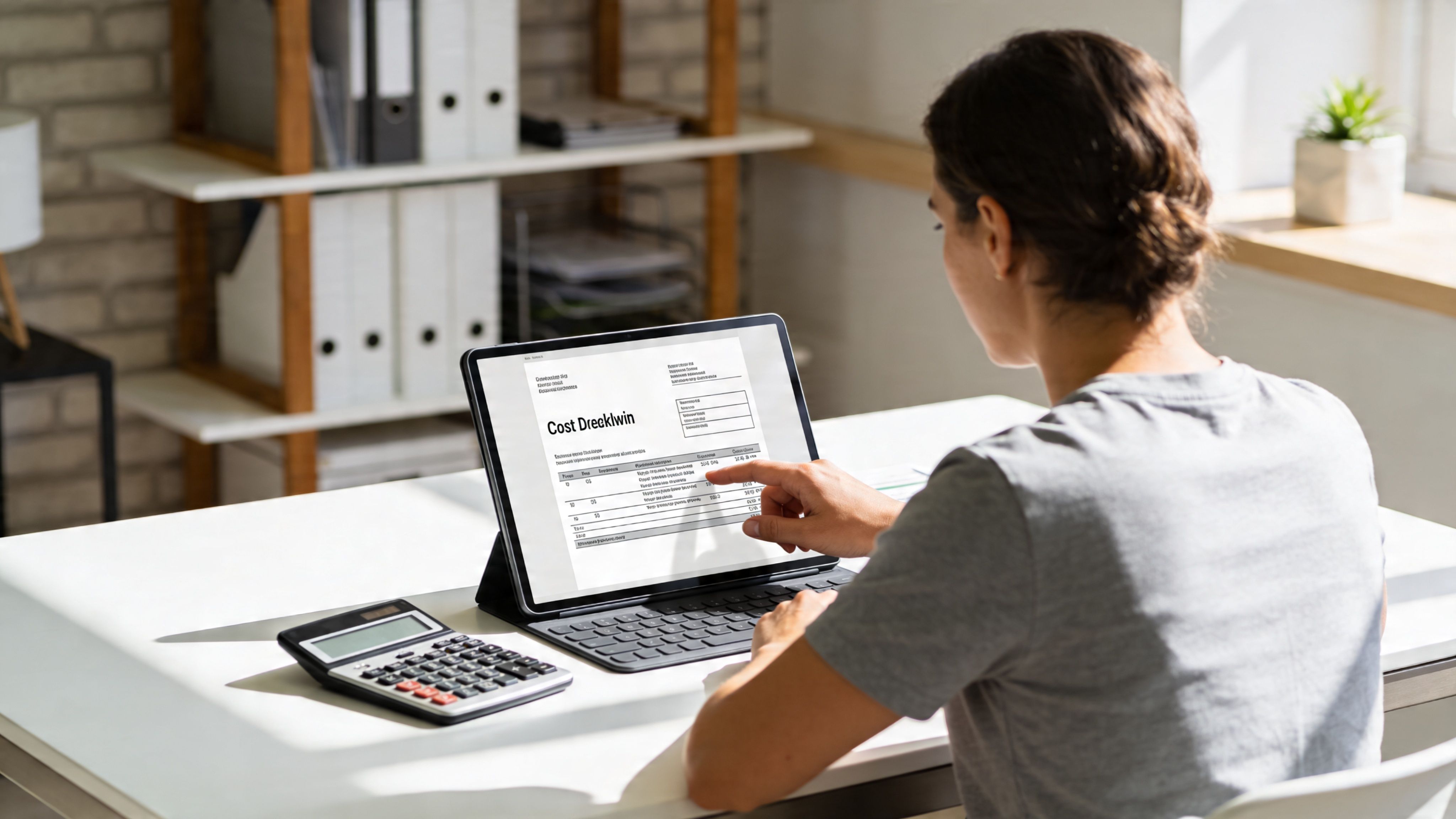 A woman reviewing hourly maid services invoices on her tablet computer in a modern home office.