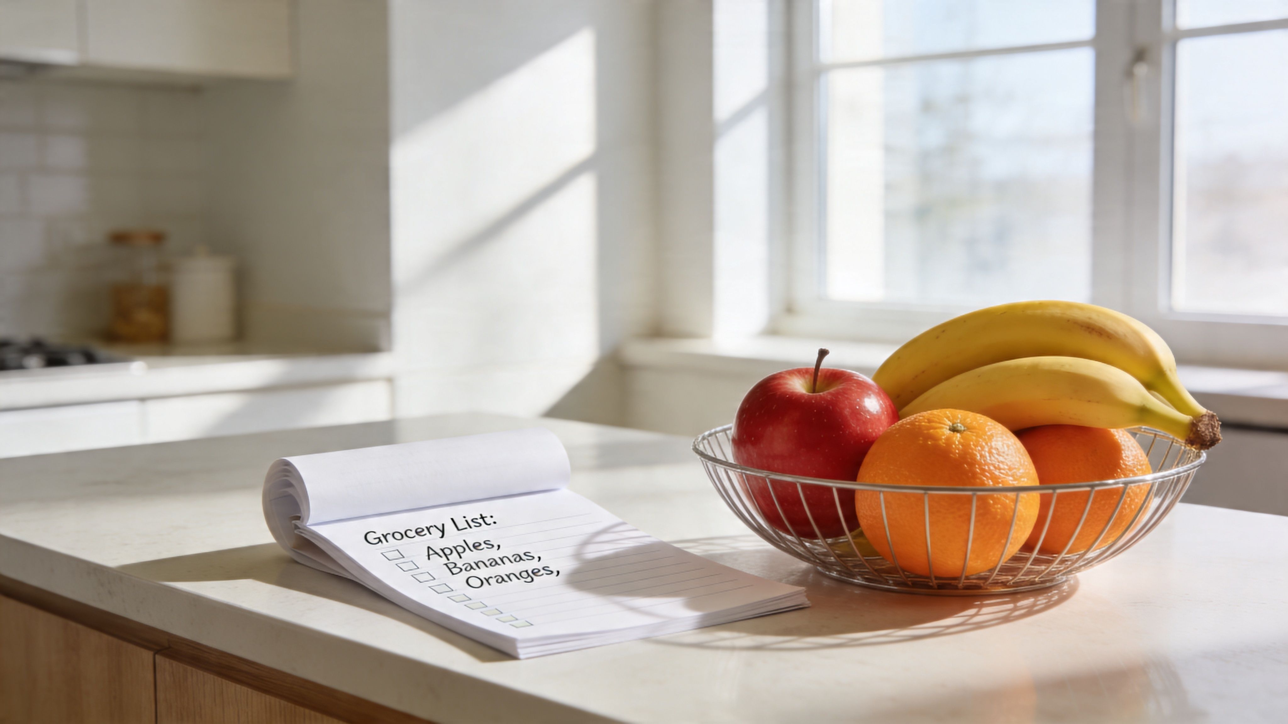 A notepad with a grocery list next to a bowl of fresh fruit on a kitchen counter.