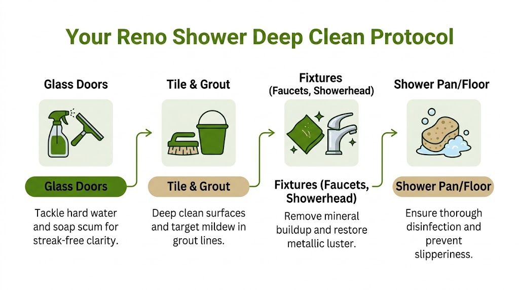 A four-step infographic showing how to clean a shower, detailing glass doors, tile, fixtures, and floors.