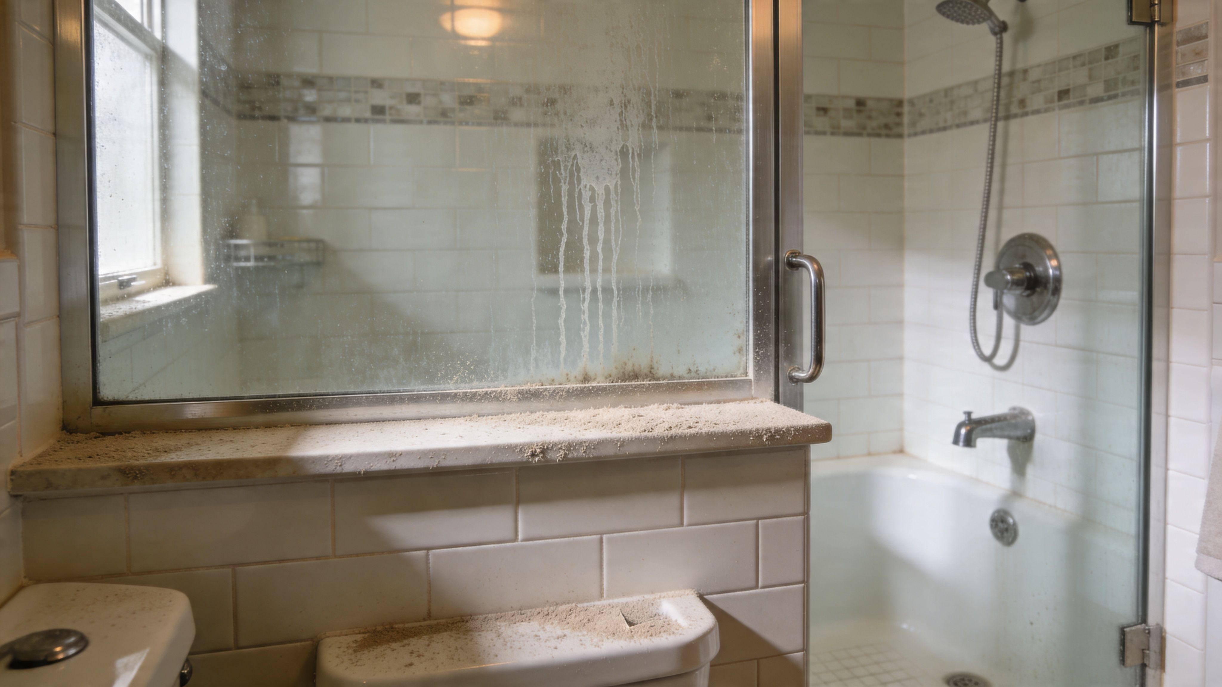 A dirty bathroom with a layer of sand covering the toilet tank, ledge, and glass shower door.