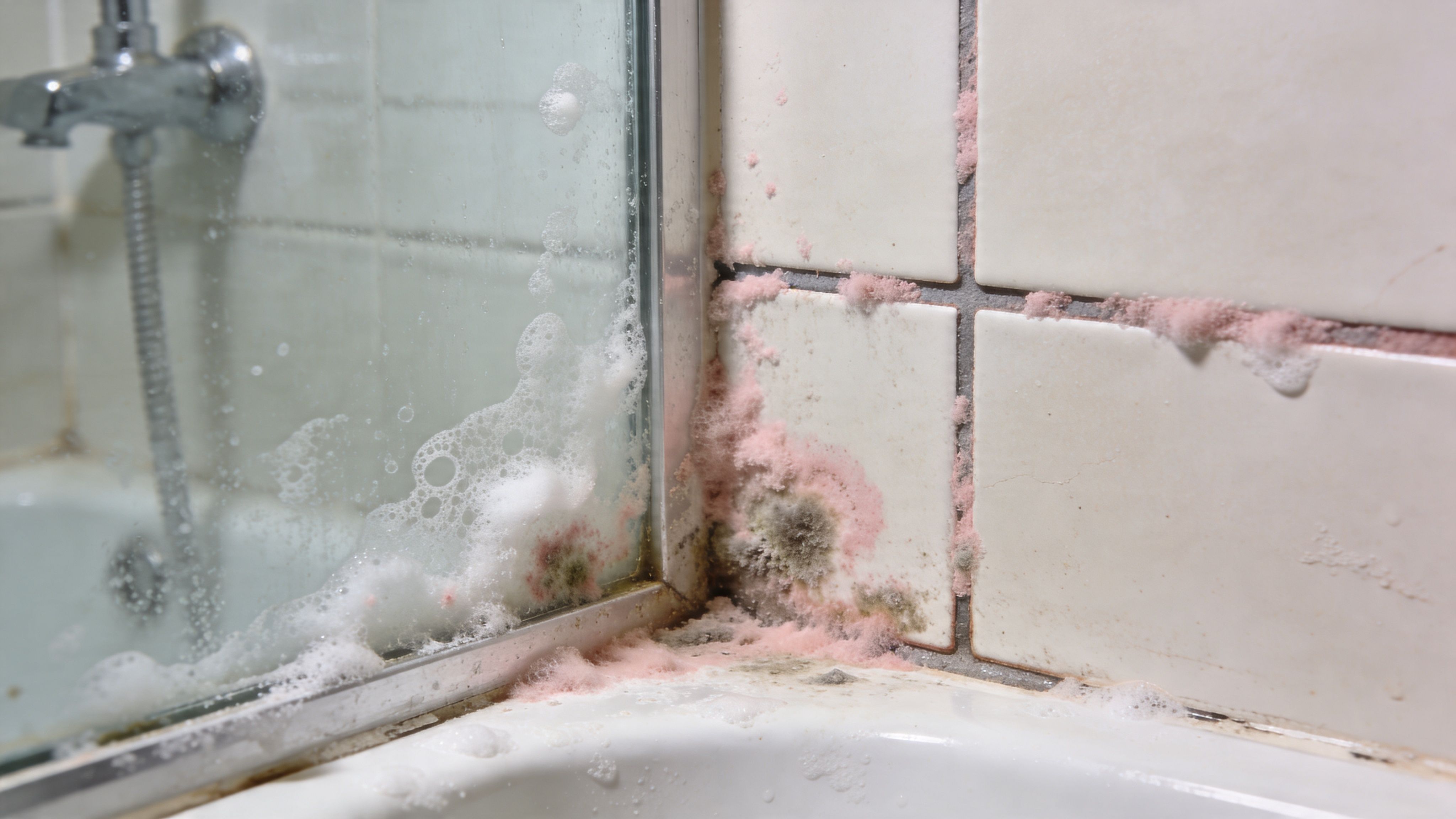 A close-up view of bathroom tiles and a shower frame covered in pink mold and mildew growth.