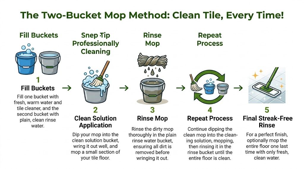 An infographic showing the five steps of the two-bucket mop method for cleaning tile floors efficiently.