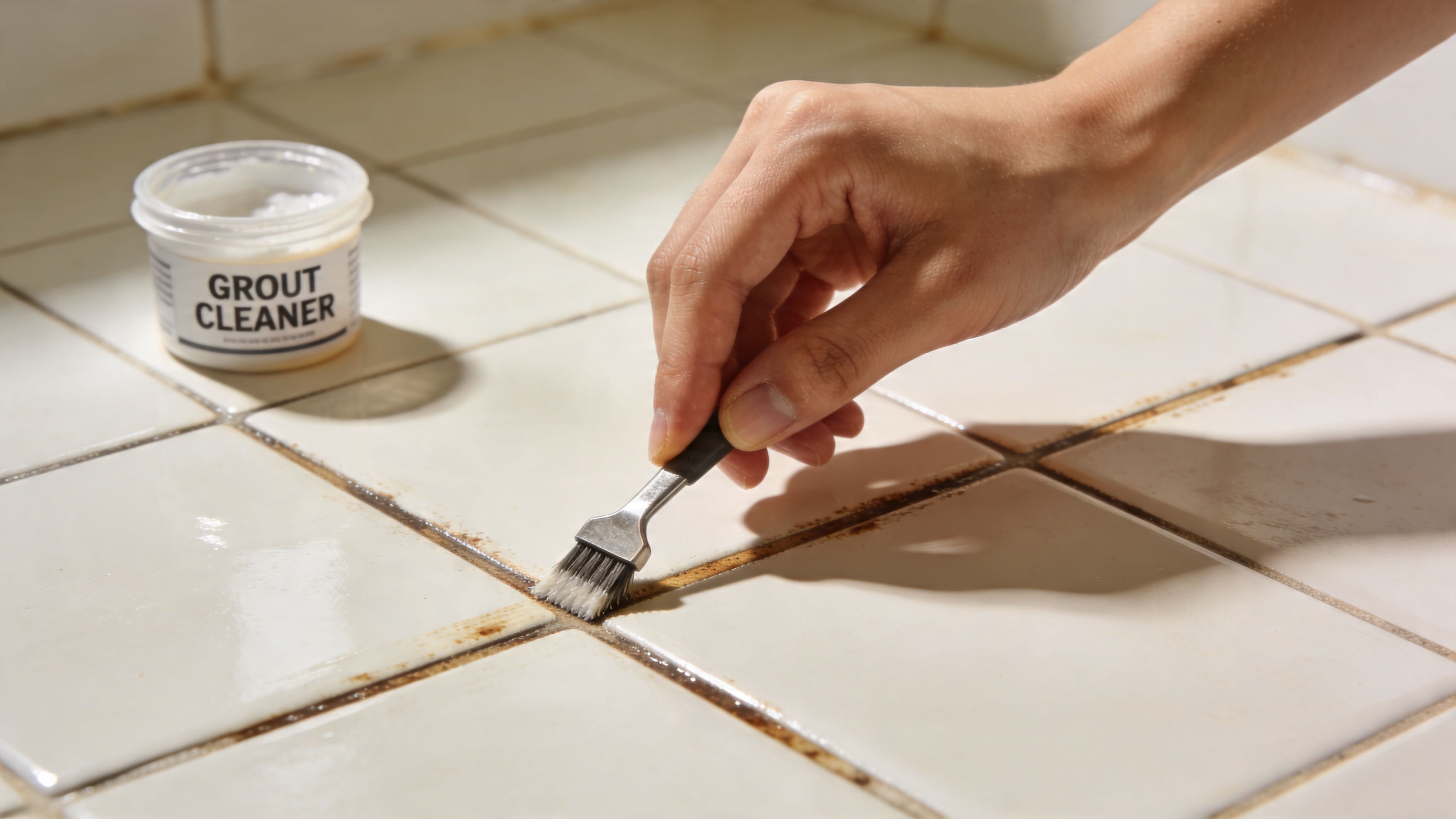 A person uses a small brush to scrub grout cleaner into the dirty joints of white tiles.