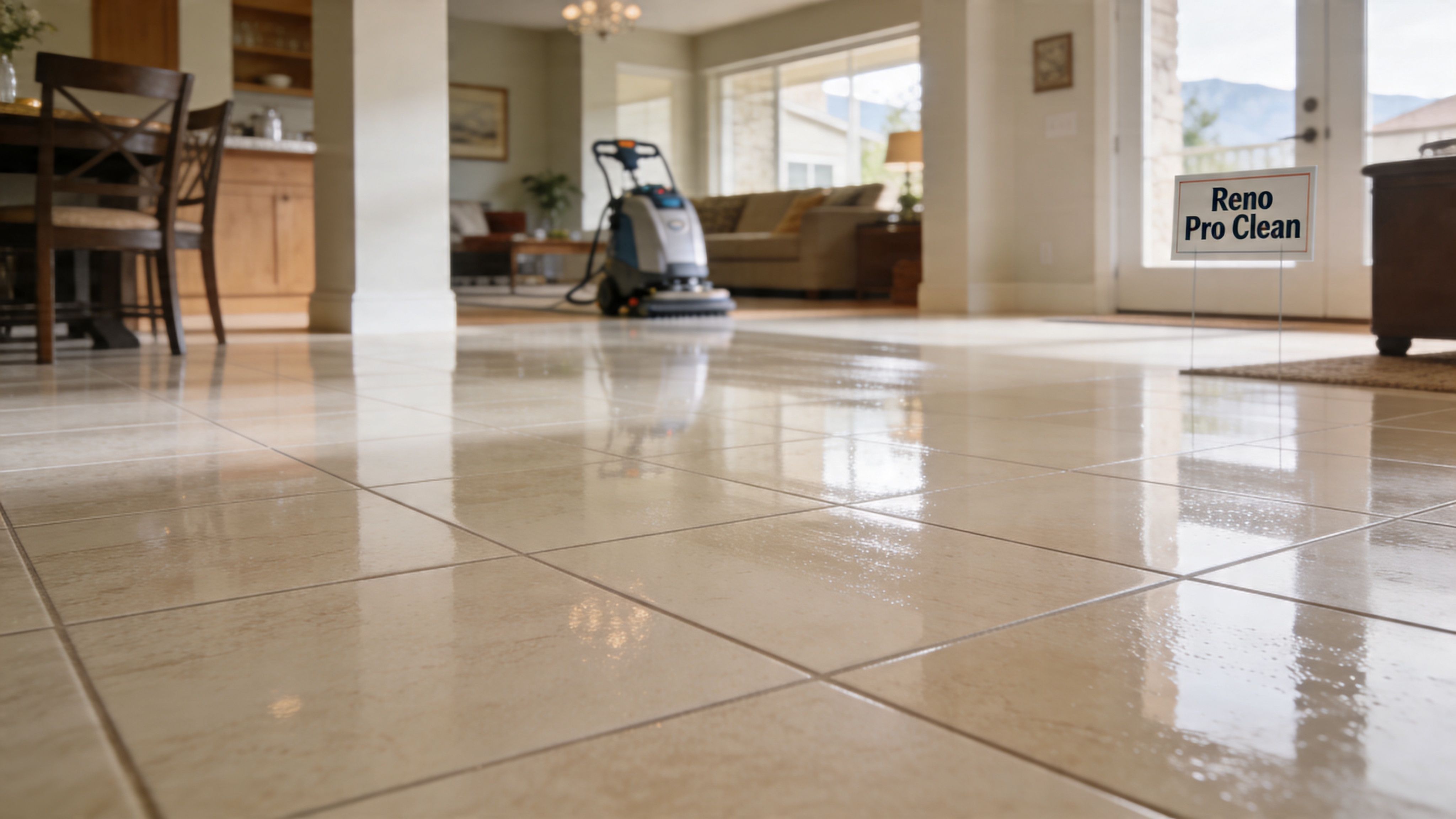 A professional floor cleaning machine operating on a freshly polished, shiny ceramic tile floor in a modern house.