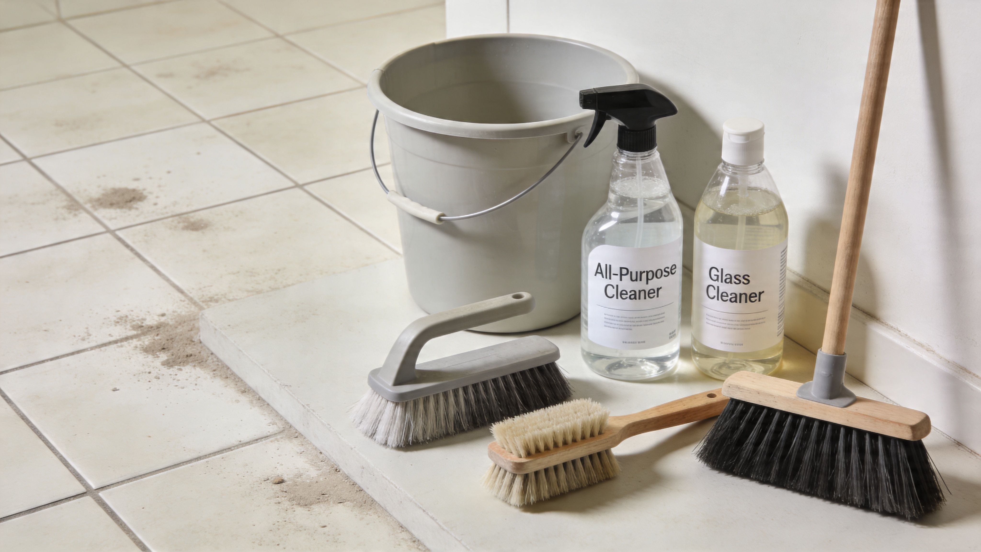 Cleaning supplies including brushes, a bucket, and cleaning solution bottles placed on tiled floor