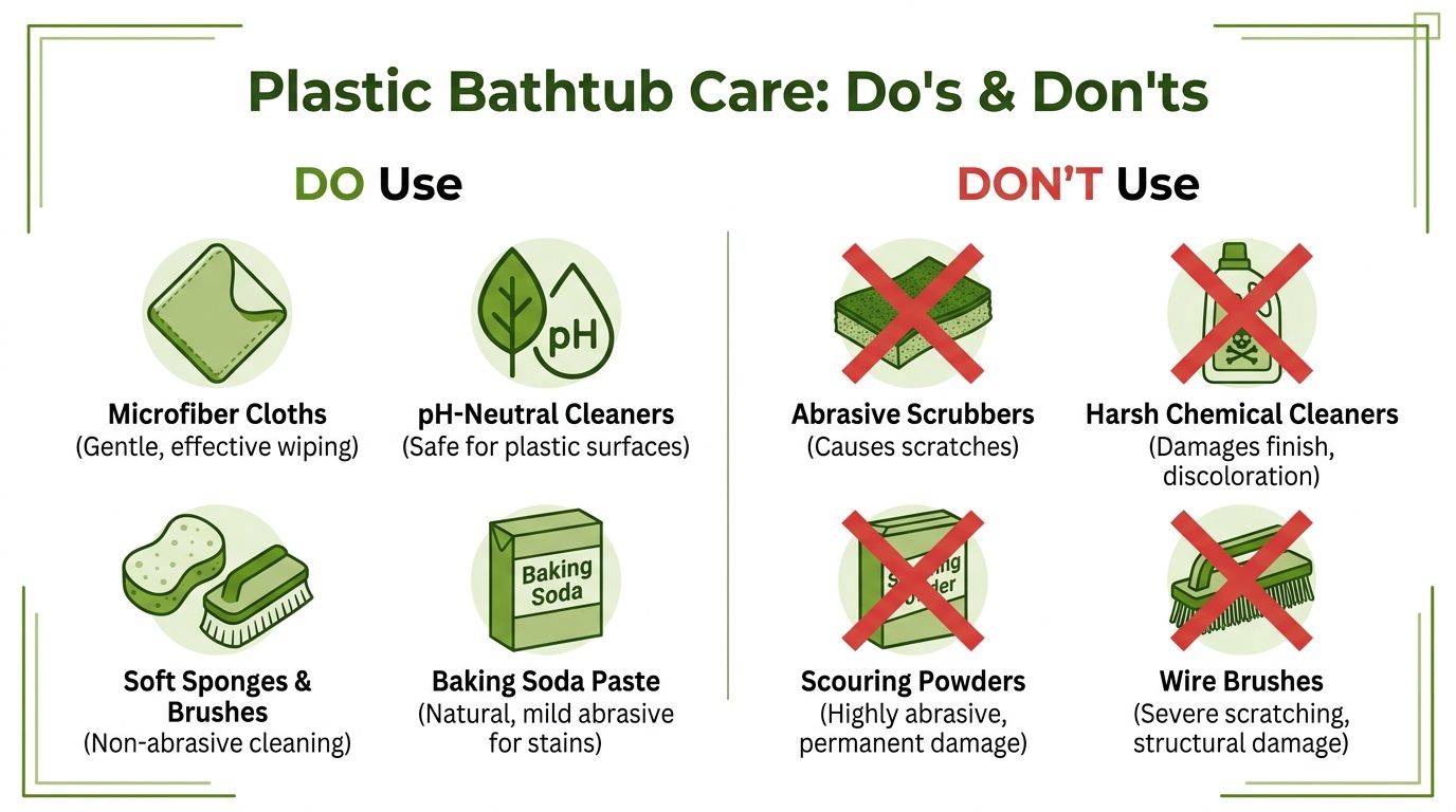 An infographic titled Plastic Bathtub Care showing recommended cleaning tools and substances alongside forbidden abrasive materials.