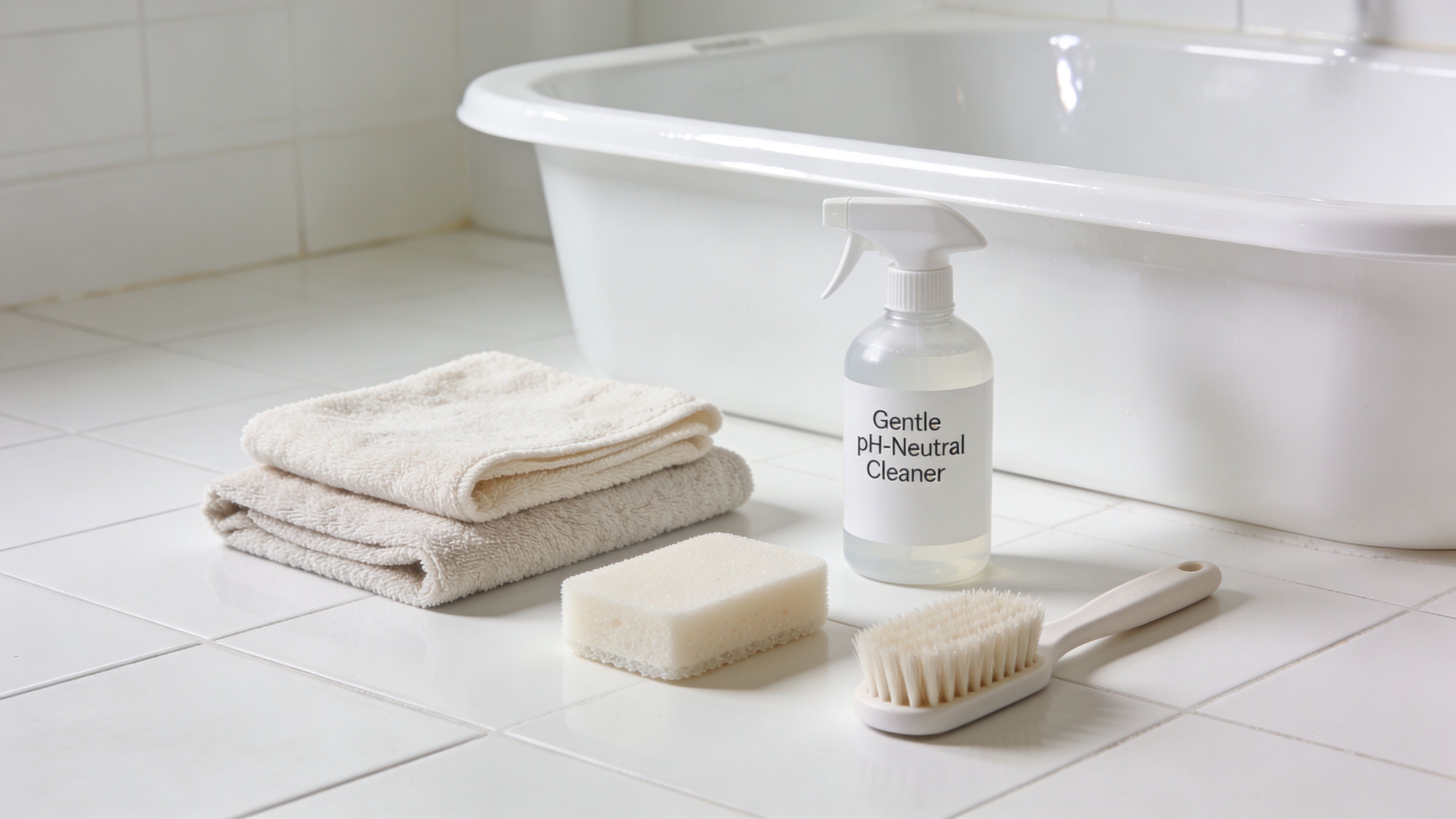 A gentle pH-neutral cleaner, sponge, brush, and towels placed near a white bathtub for cleaning.