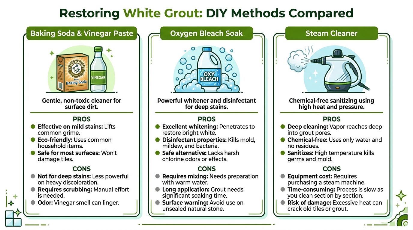 A comparison chart showing three DIY methods for cleaning white grout: baking soda, oxygen bleach, and steam.