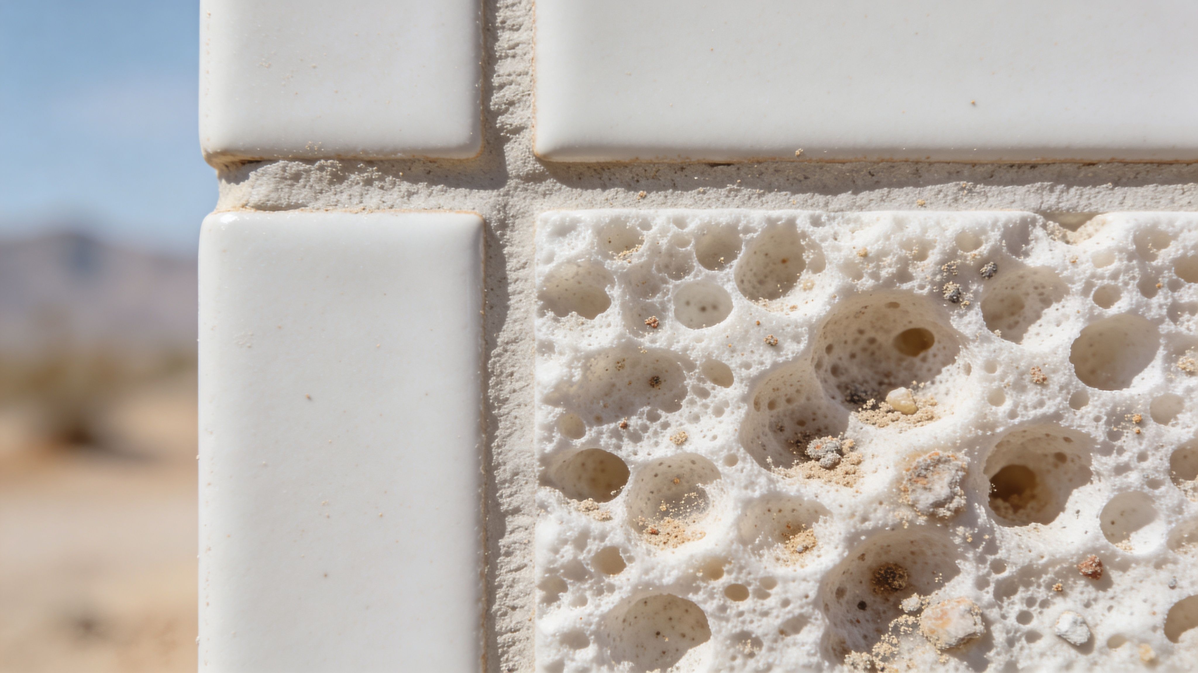 Close-up of a textured white stone tile surface contrasting with smooth glossy square ceramic tiles and grout.