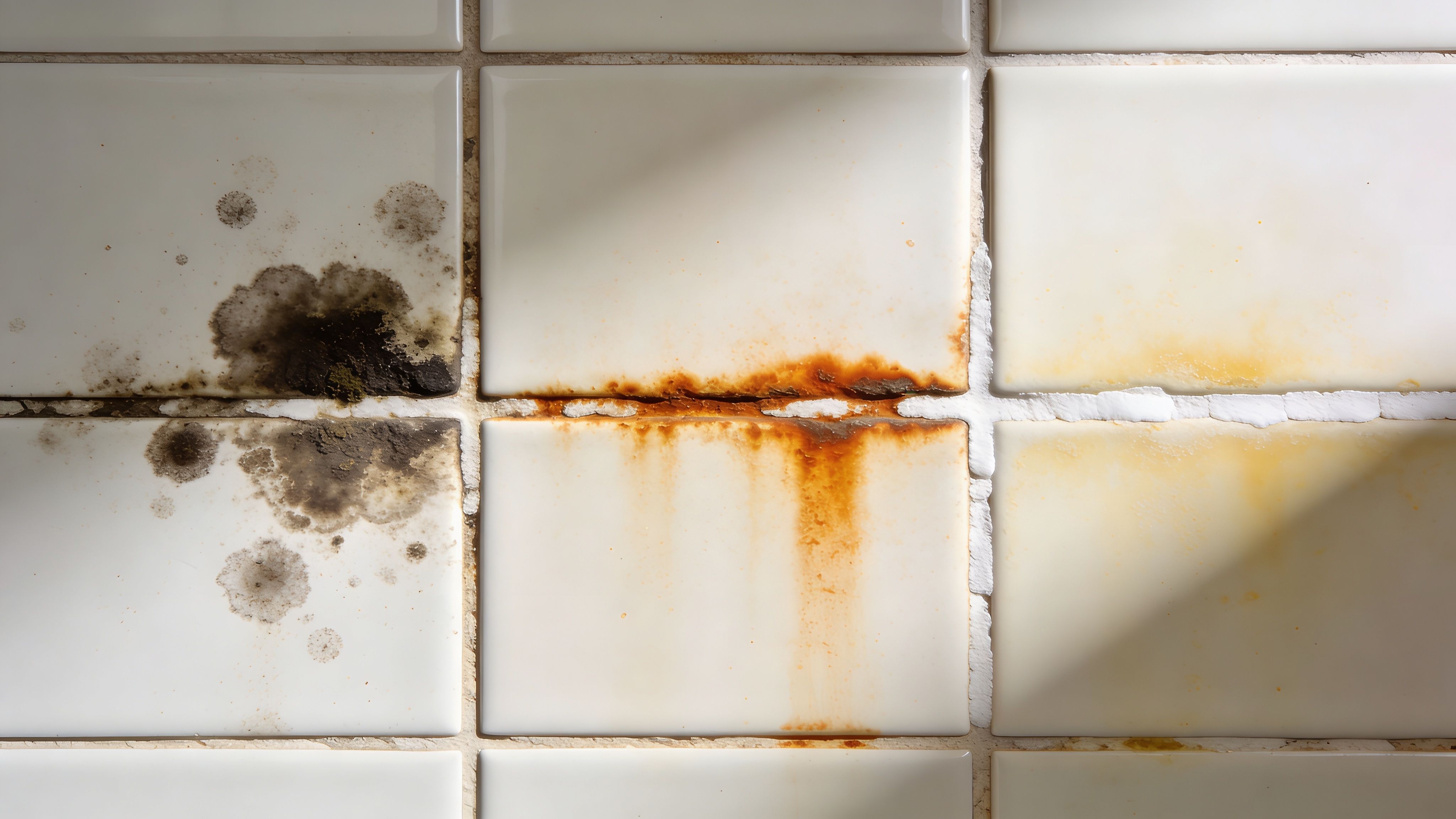 Close-up of white wall tiles showing severe mold growth and orange rust stains on the grout lines.