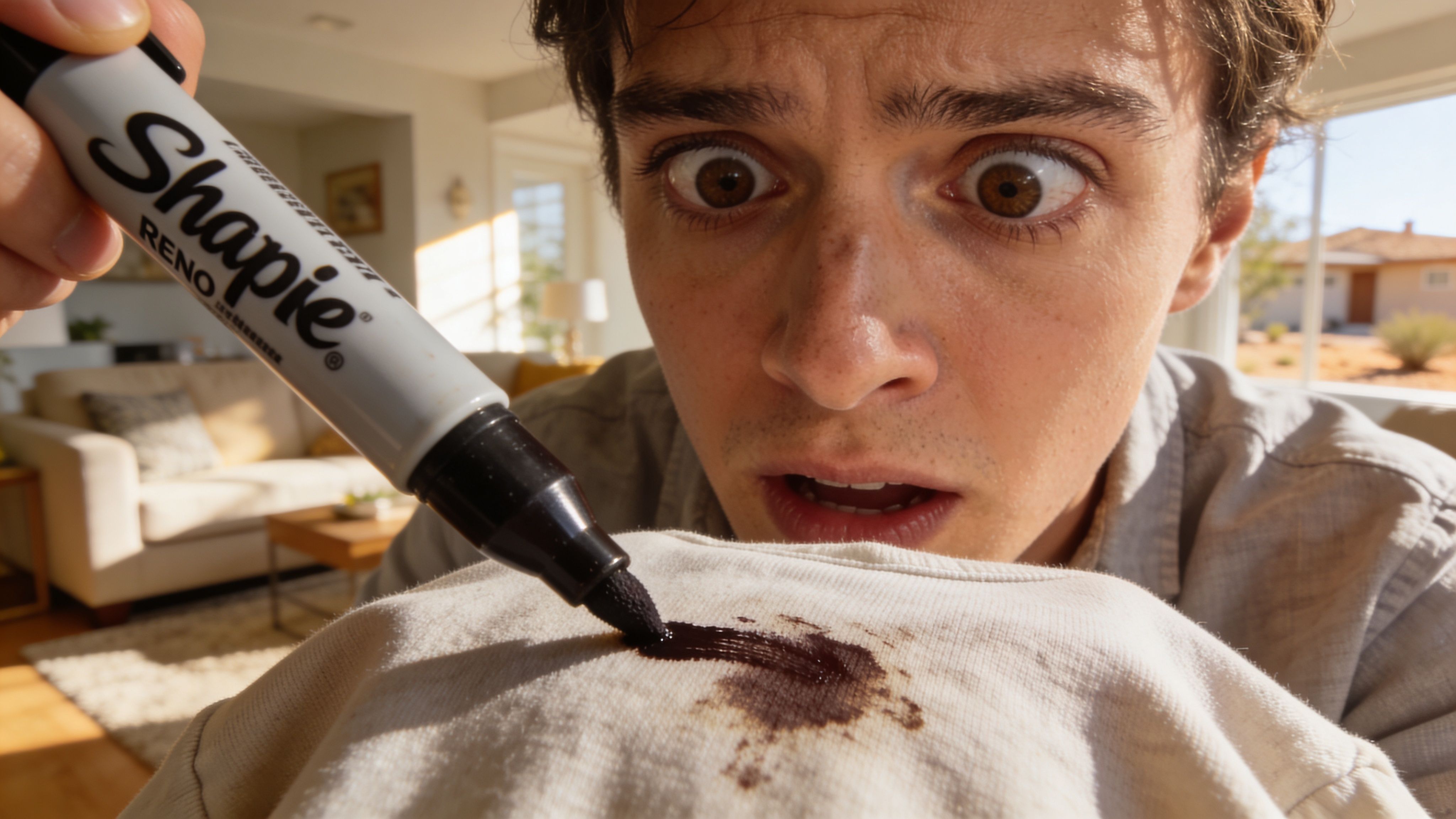 A man looking shocked and concerned while accidentally drawing on his white shirt with a black marker.