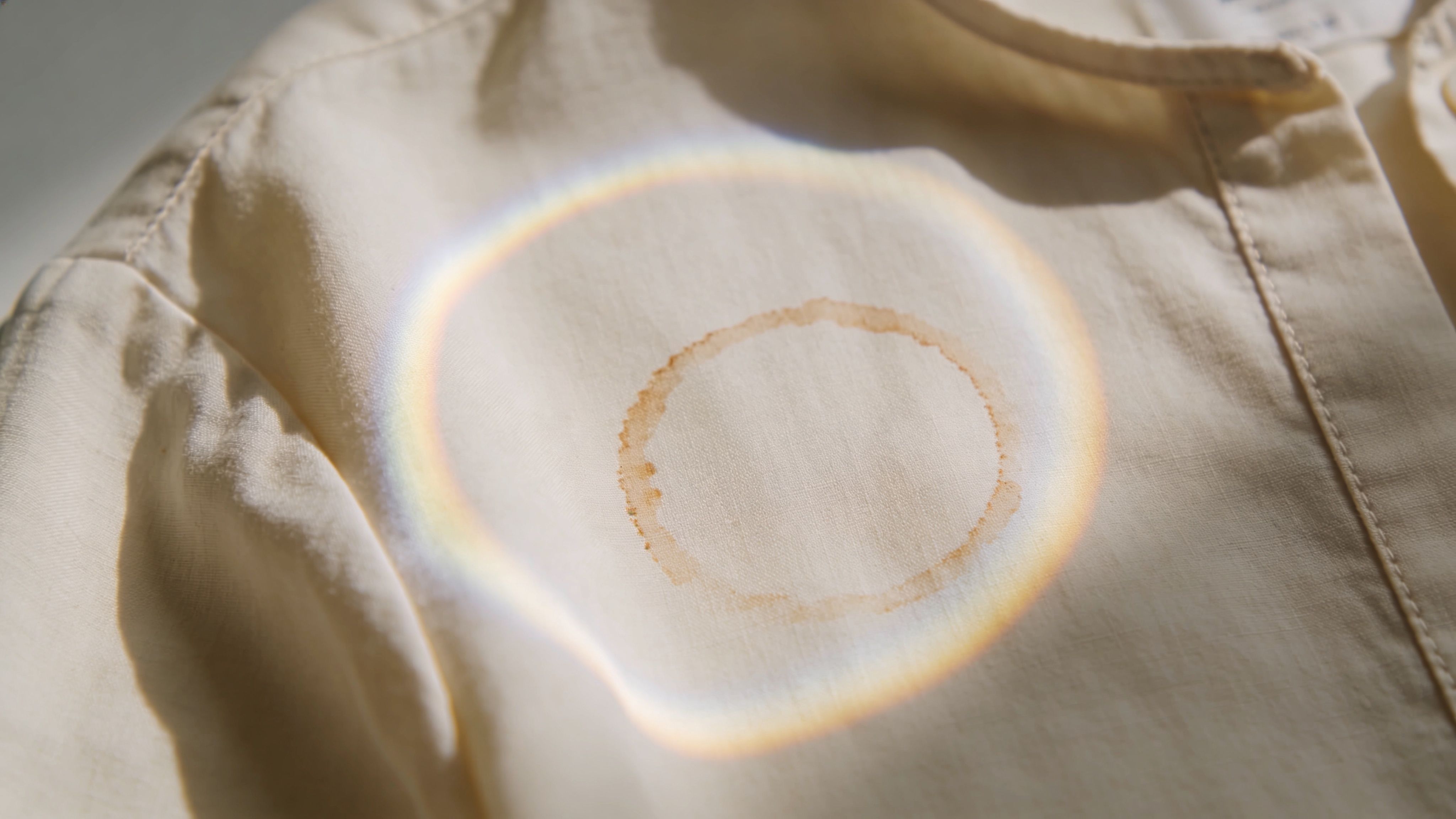A brown circular coffee stain on a cream-colored fabric shirt illuminated by a soft rainbow light reflection.
