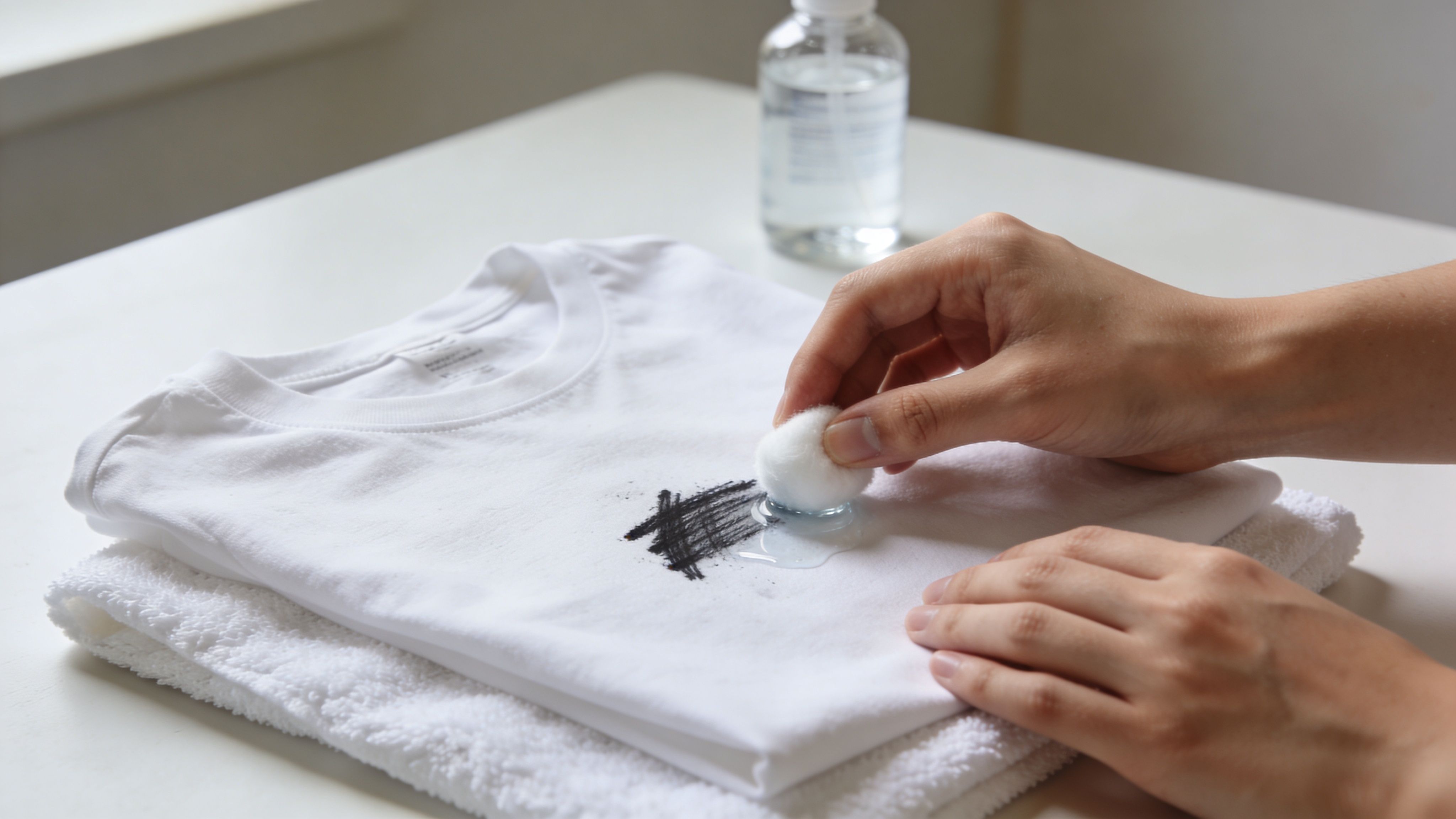 A person cleaning a black ink stain on a white t-shirt using a cotton ball and liquid.