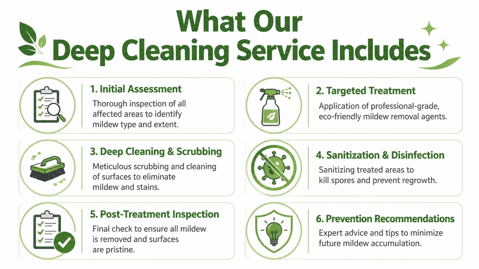 A six-step infographic detailing the professional deep cleaning service process for removing household mildew and mold.