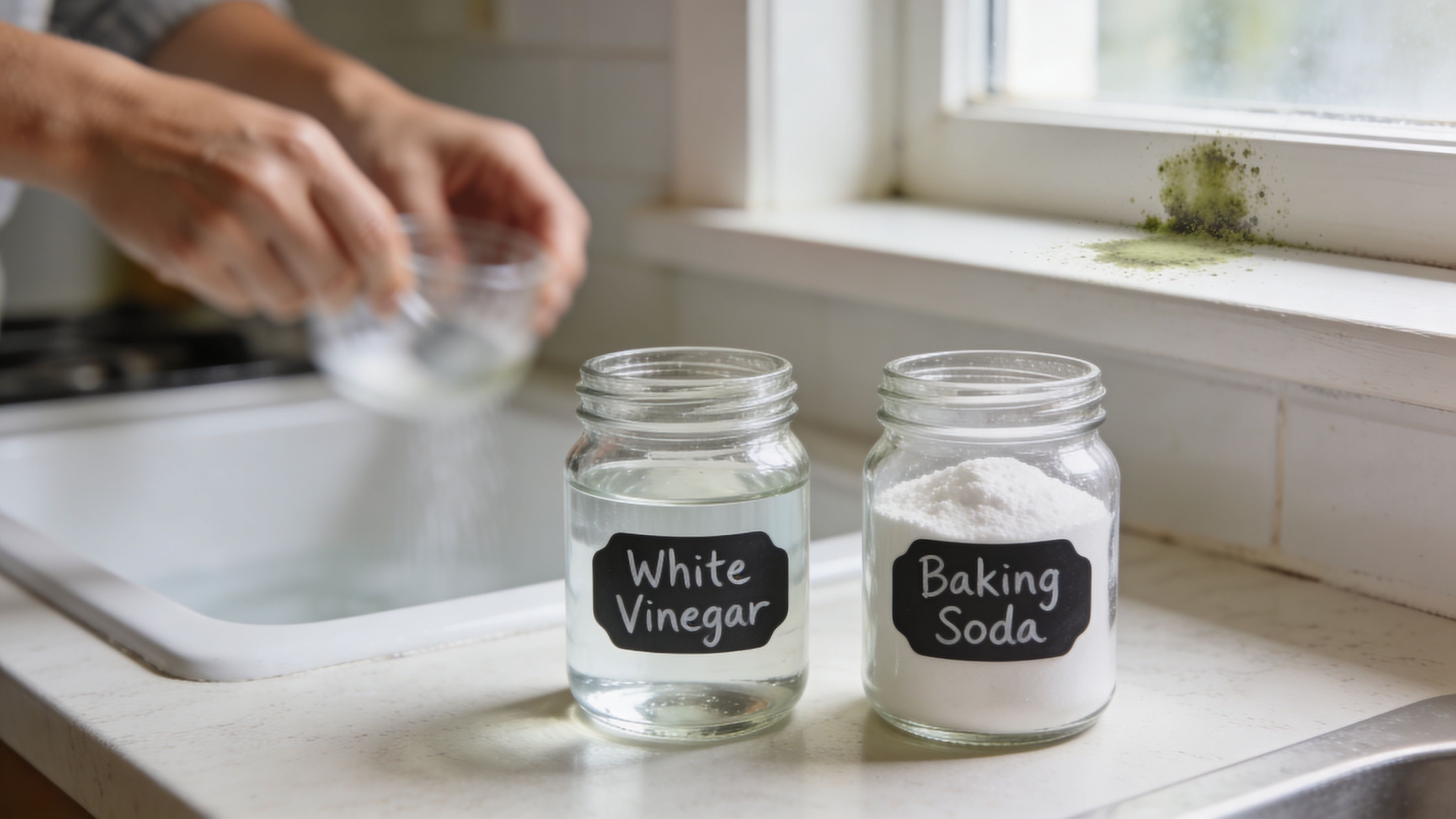 A person preparing natural cleaning agents like white vinegar and baking soda to remove window mildew.