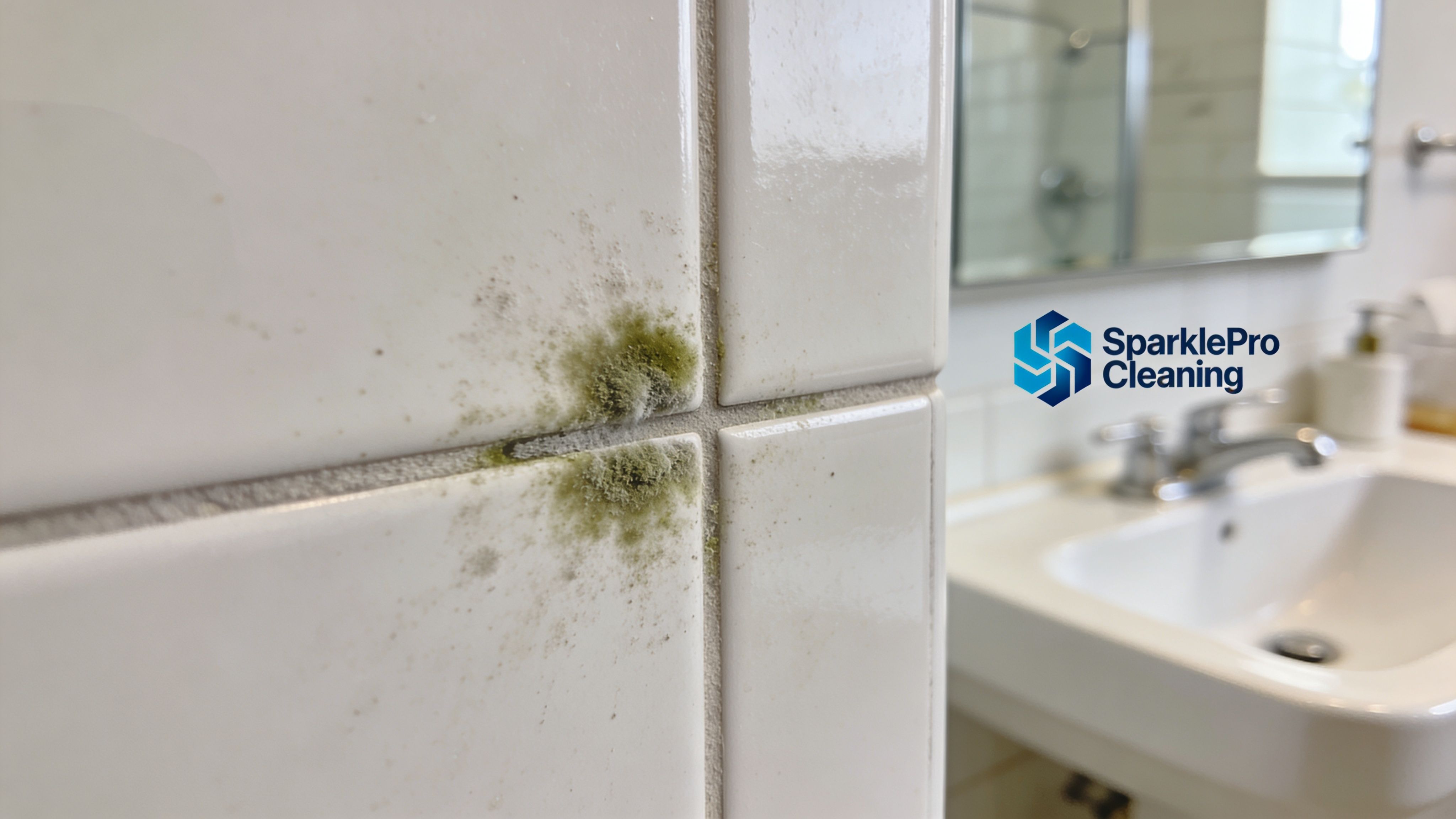 Close-up of green mold growth spreading across white bathroom tile grout, indicating need for deep cleaning.